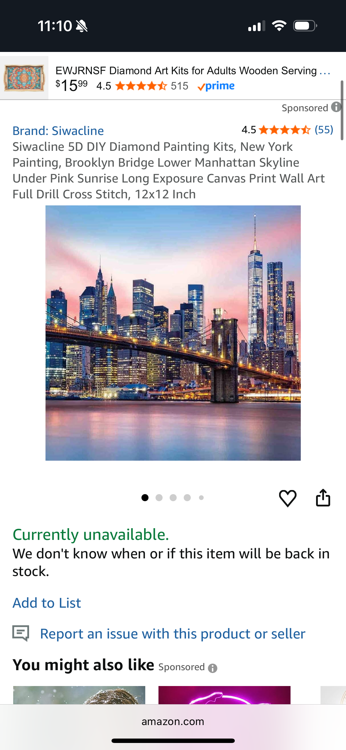 Siwacline 5D DIY Diamond Painting Kits, New York Painting, Brooklyn Bridge Lower Manhattan Skyline Under Pink Sunrise Long Exposure Canvas Print Wall Art Full Drill Cross Stitch, 12x12 Inch