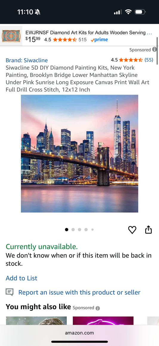 Siwacline 5D DIY Diamond Painting Kits, New York Painting, Brooklyn Bridge Lower Manhattan Skyline Under Pink Sunrise Long Exposure Canvas Print Wall Art Full Drill Cross Stitch, 12x12 Inch