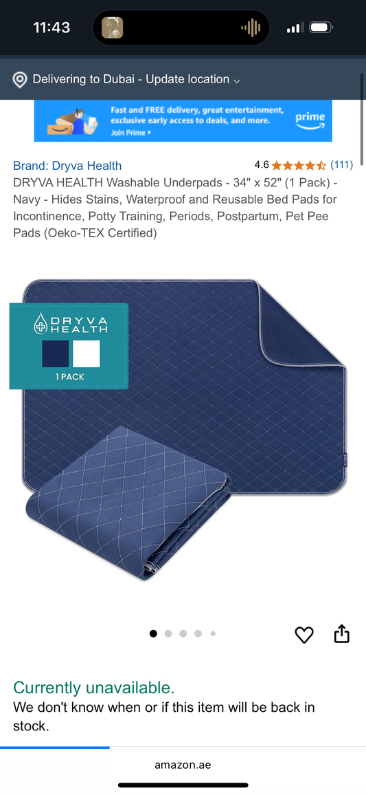 DRYVA HEALTH Washable Underpads - 34" x 52" (1 Pack) - Navy - Hides Stains, Waterproof and Reusable Bed Pads for Incontinence, Potty Training, Periods, Postpartum, Pet Pee Pads (Oeko-TEX Certified)