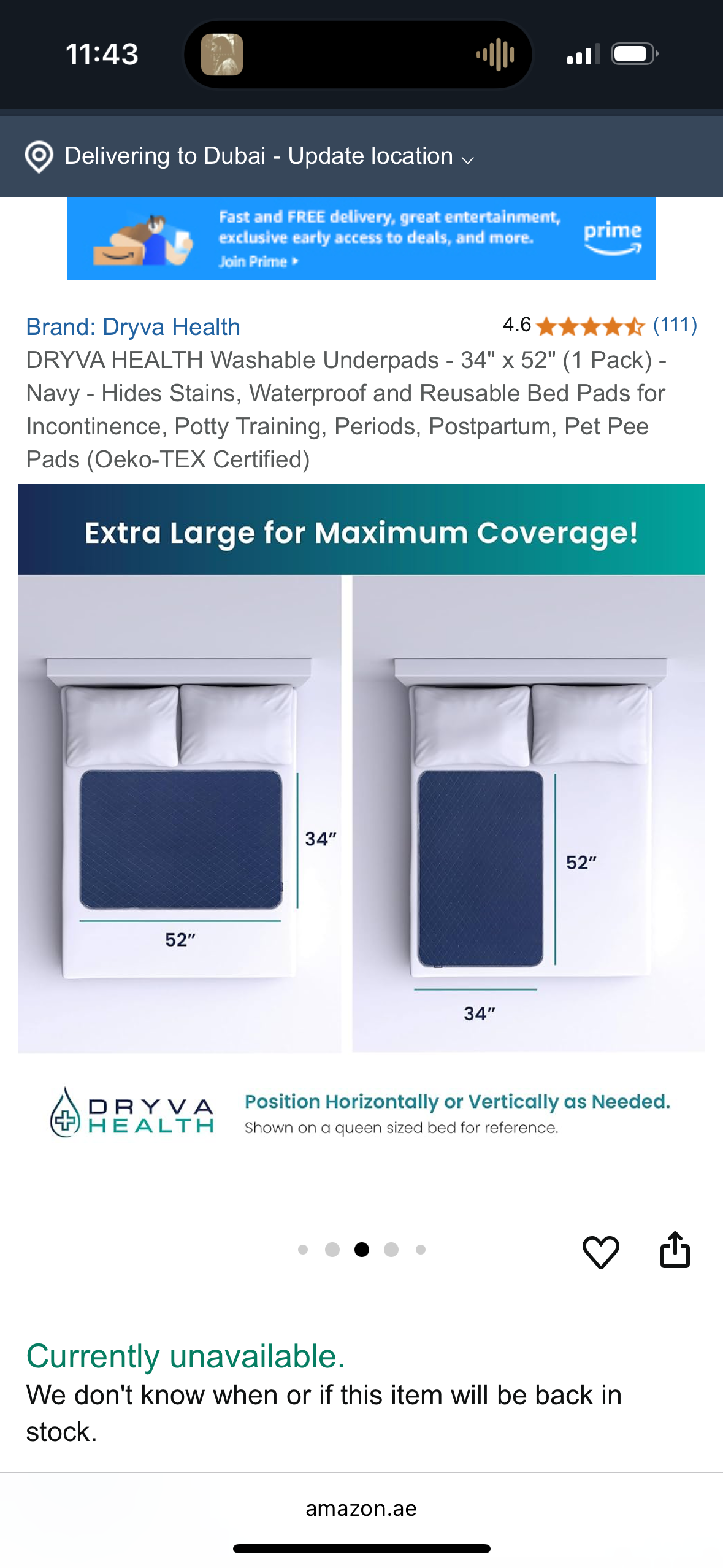 DRYVA HEALTH Washable Underpads - 34" x 52" (1 Pack) - Navy - Hides Stains, Waterproof and Reusable Bed Pads for Incontinence, Potty Training, Periods, Postpartum, Pet Pee Pads (Oeko-TEX Certified)