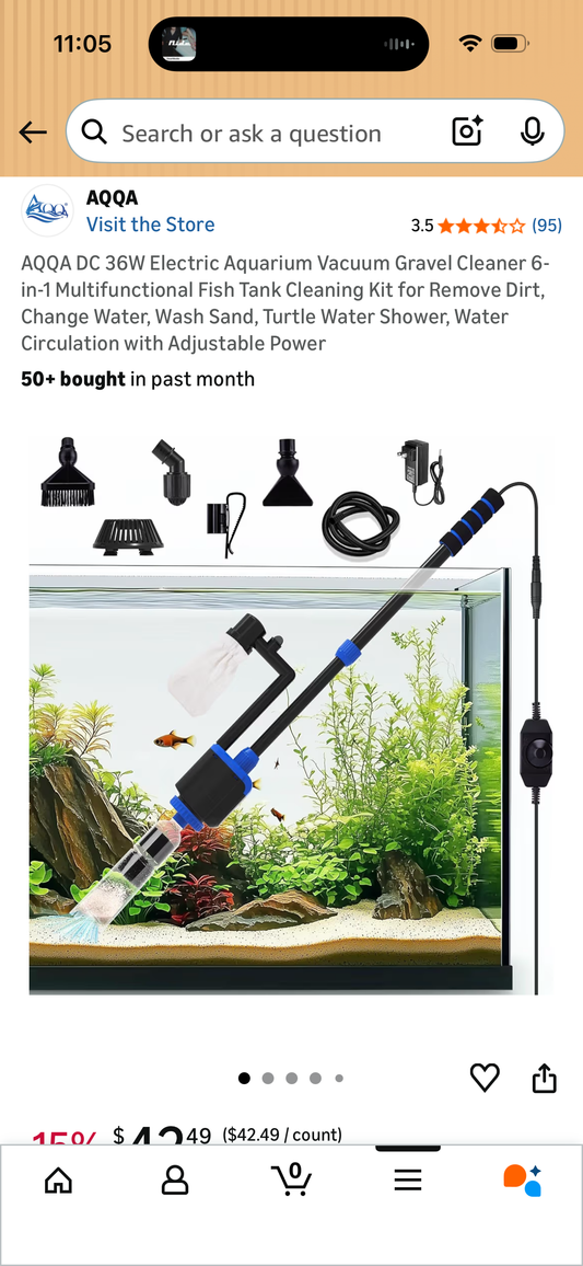 AQQA DC 36W Electric Aquarium Vacuum Gravel Cleaner 6-in-1 Multifunctional Fish Tank Cleaning Kit for Remove Dirt, Change Water, Wash Sand, Turtle Water Shower, Water Circulation with Adjustable Power
