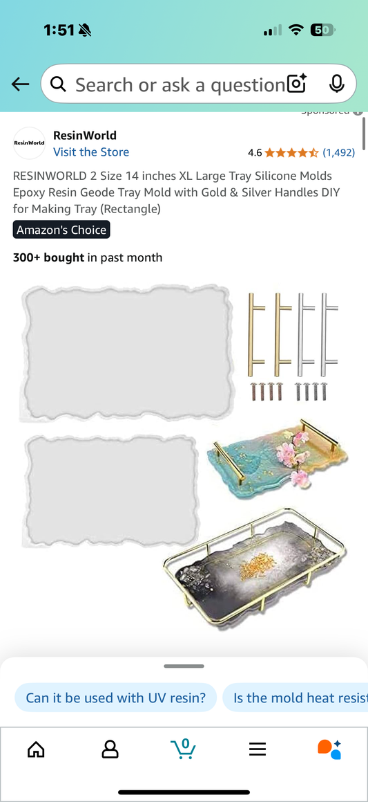 RESINWORLD 2 Size 14 inches XL Large Tray Silicone Molds Epoxy Resin Geode Tray Mold with Gold & Silver Handles DIY for Making Tray (Rectangle)