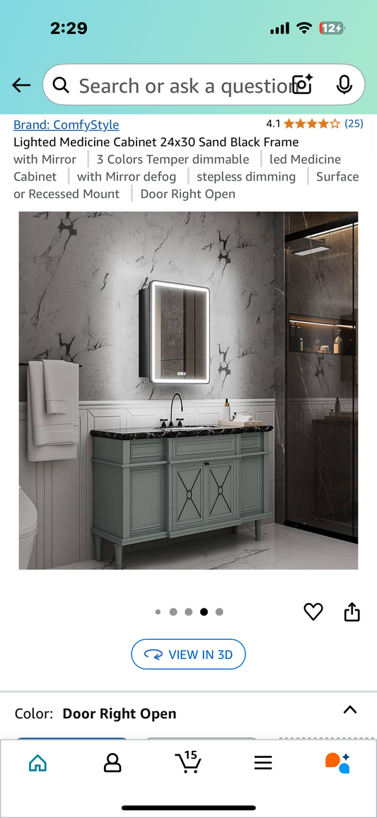 New - Lighted Medicine Cabinet 24”x30”, Sand Black Frame, 3 Color Dimmable LED (B913)