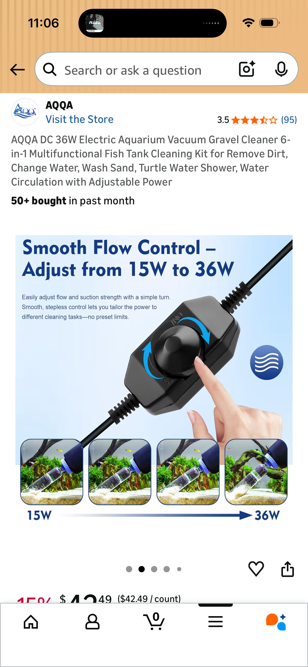 AQQA DC 36W Electric Aquarium Vacuum Gravel Cleaner 6-in-1 Multifunctional Fish Tank Cleaning Kit for Remove Dirt, Change Water, Wash Sand, Turtle Water Shower, Water Circulation with Adjustable Power