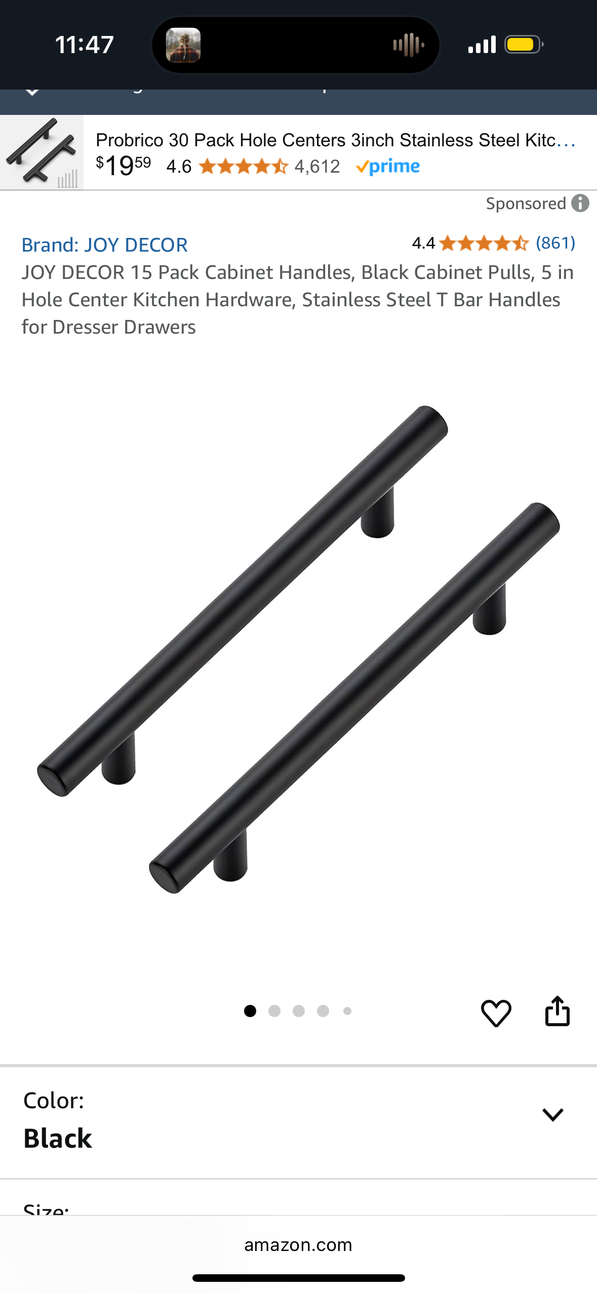 15 Pack Cabinet Handles, Black Cabinet Pulls, 5 in Hole Center Kitchen Hardware, Stainless Steel T Bar Handles for Dresser Drawers