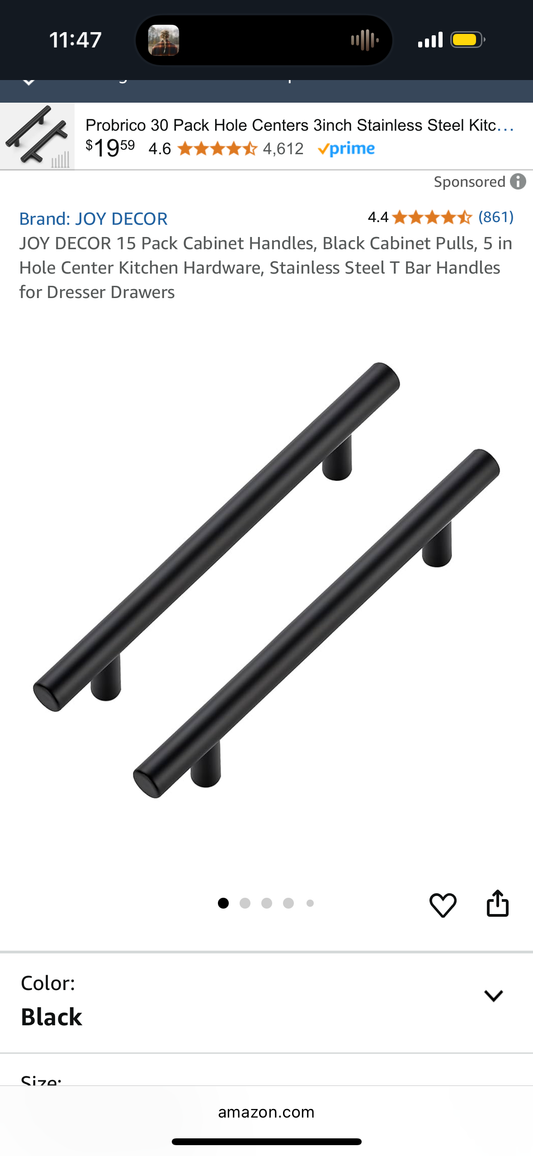 15 Pack Cabinet Handles, Black Cabinet Pulls, 5 in Hole Center Kitchen Hardware, Stainless Steel T Bar Handles for Dresser Drawers