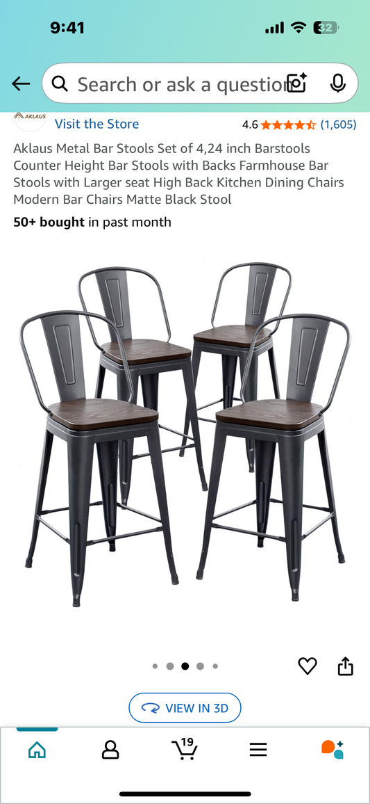 Metal Bar Stools Set of 4, 24” Barstools Counter, Height with Backs, Farmhouse Bar Stools, Matte Black Stool (L955)