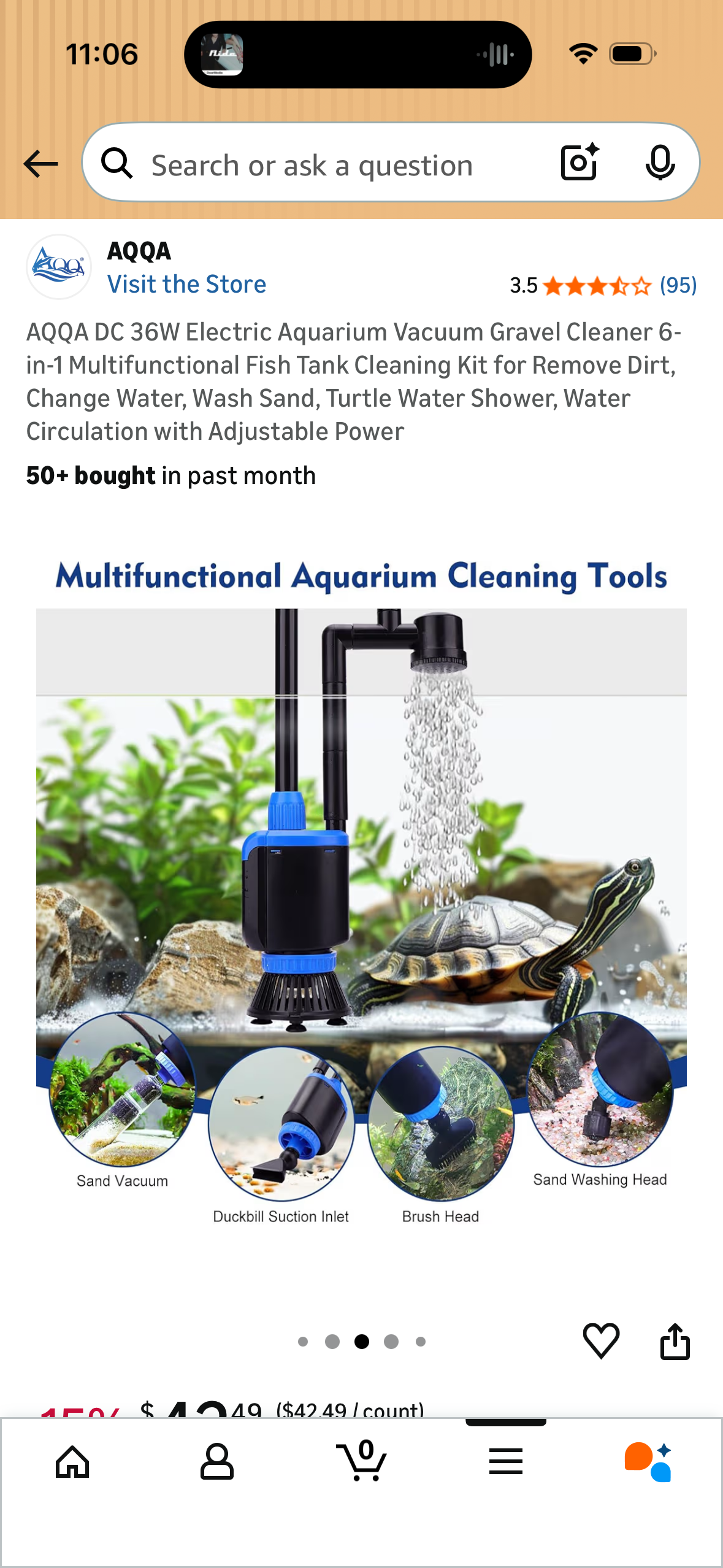 AQQA DC 36W Electric Aquarium Vacuum Gravel Cleaner 6-in-1 Multifunctional Fish Tank Cleaning Kit for Remove Dirt, Change Water, Wash Sand, Turtle Water Shower, Water Circulation with Adjustable Power