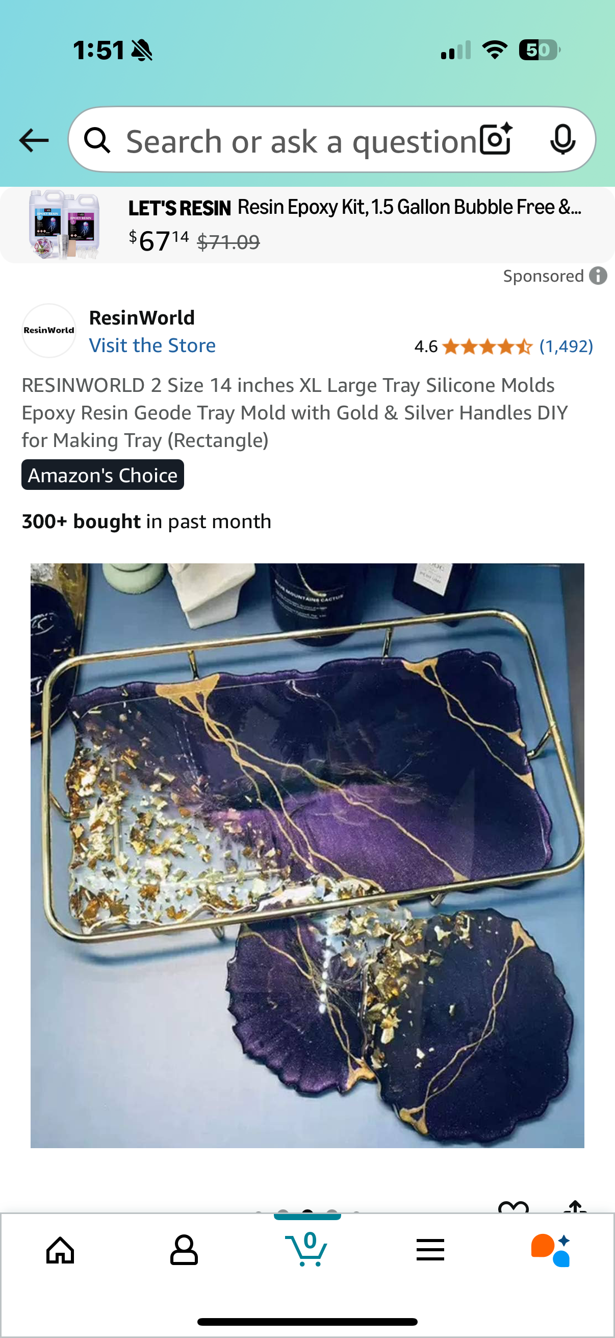 RESINWORLD 2 Size 14 inches XL Large Tray Silicone Molds Epoxy Resin Geode Tray Mold with Gold & Silver Handles DIY for Making Tray (Rectangle)