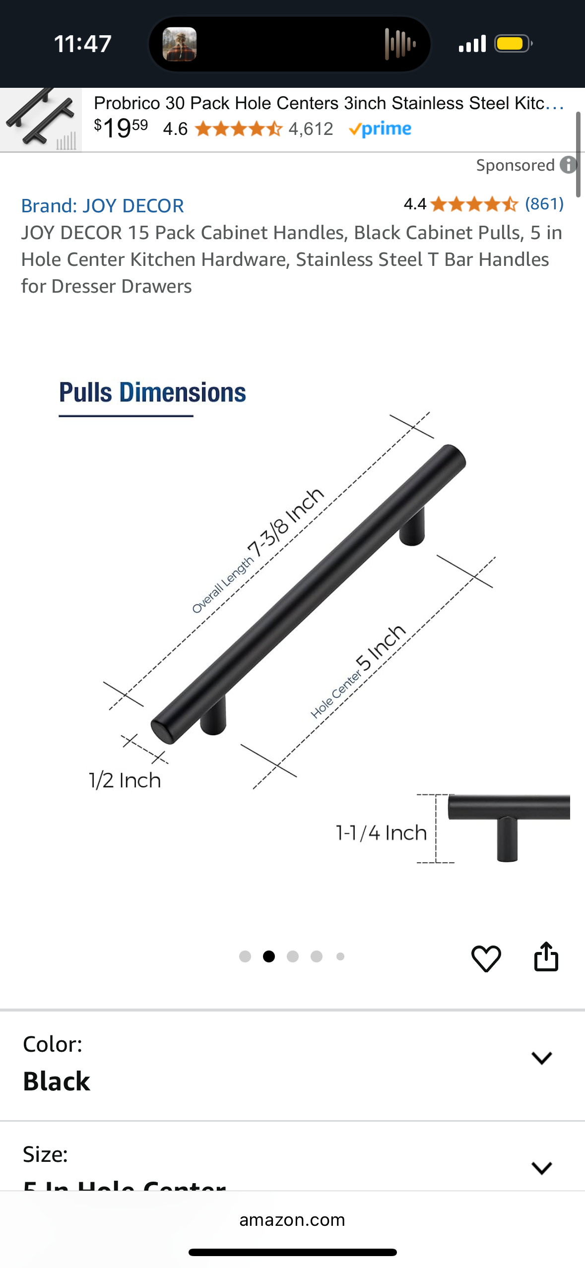 15 Pack Cabinet Handles, Black Cabinet Pulls, 5 in Hole Center Kitchen Hardware, Stainless Steel T Bar Handles for Dresser Drawers