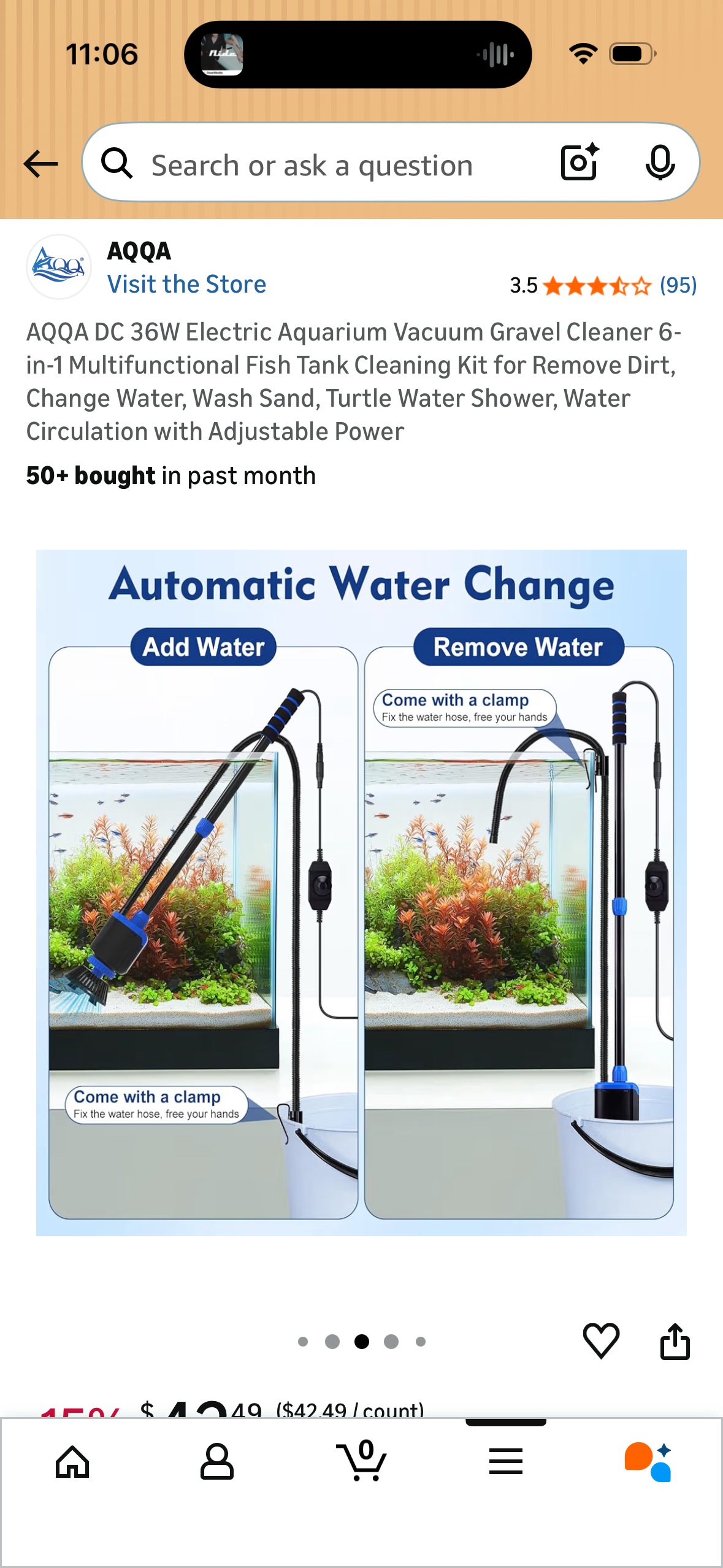 AQQA DC 36W Electric Aquarium Vacuum Gravel Cleaner 6-in-1 Multifunctional Fish Tank Cleaning Kit for Remove Dirt, Change Water, Wash Sand, Turtle Water Shower, Water Circulation with Adjustable Power