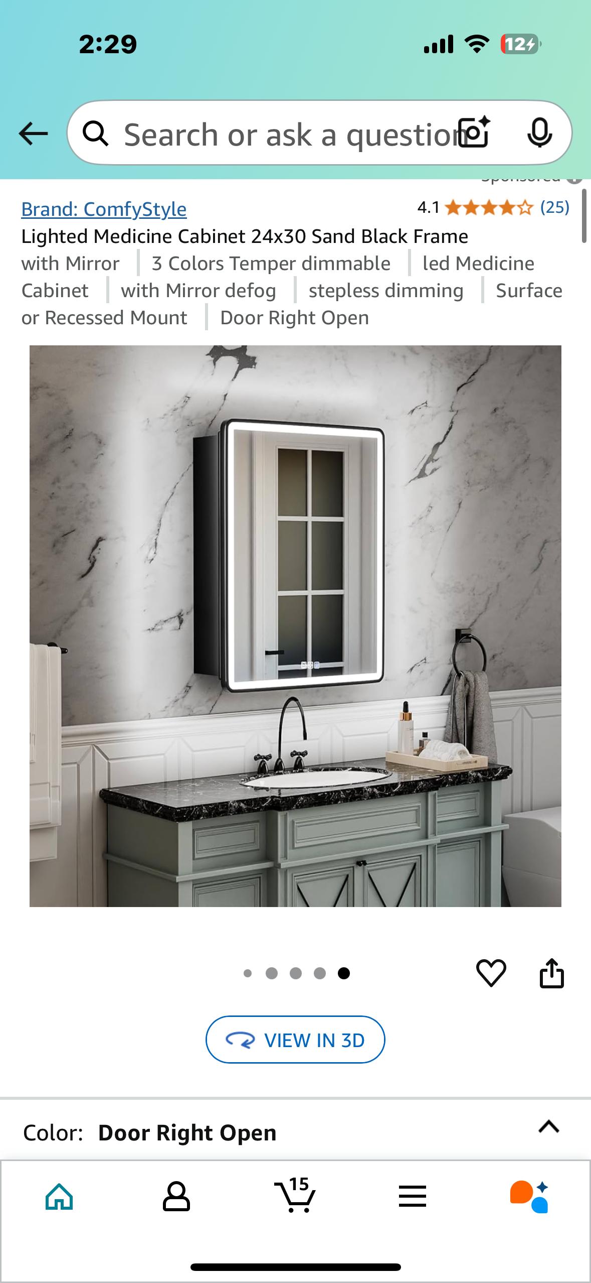 New - Lighted Medicine Cabinet 24”x30”, Sand Black Frame, 3 Color Dimmable LED (B913)