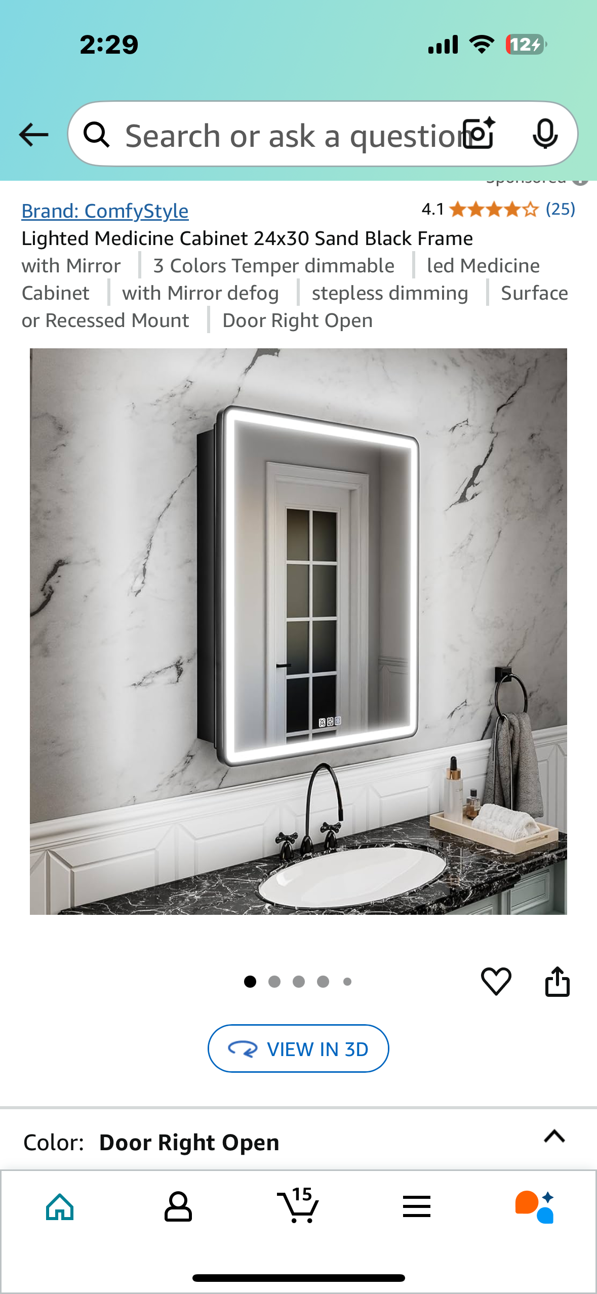 New - Lighted Medicine Cabinet 24”x30”, Sand Black Frame, 3 Color Dimmable LED (B913)