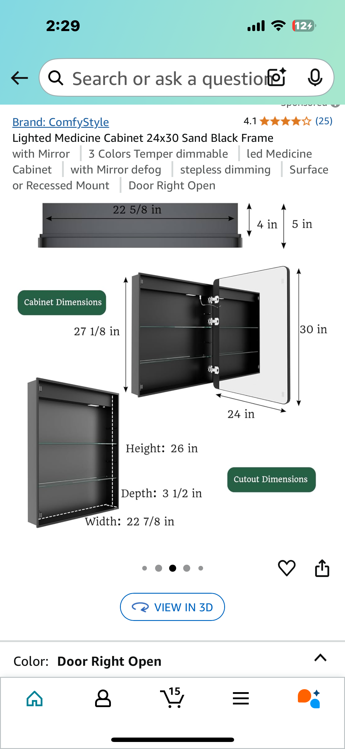 New - Lighted Medicine Cabinet 24”x30”, Sand Black Frame, 3 Color Dimmable LED (B913)