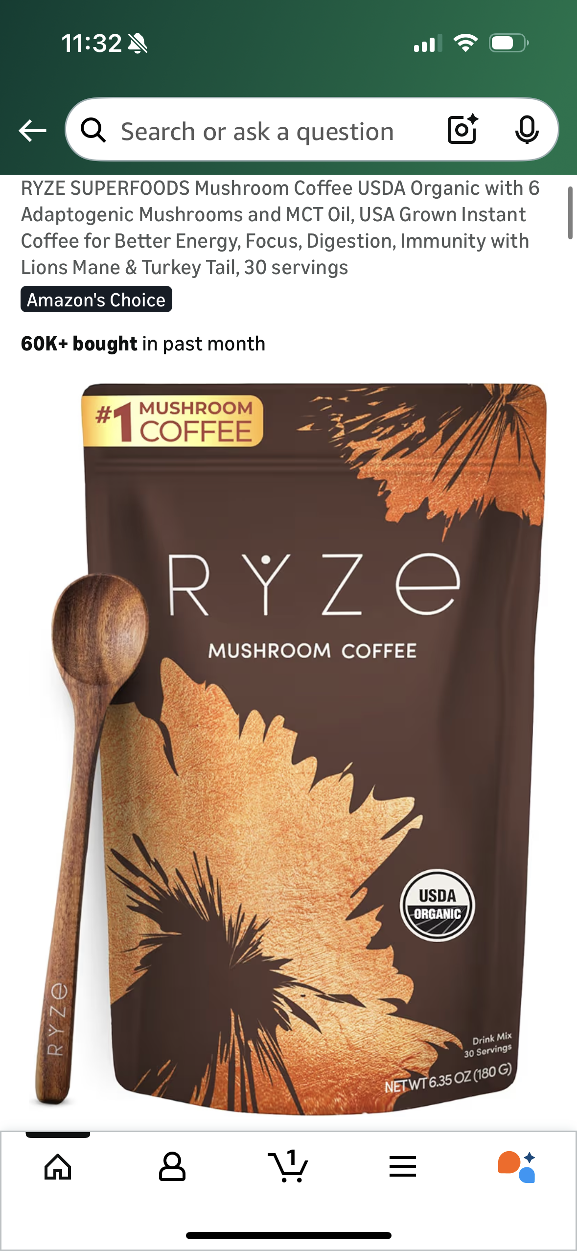 RYZE SUPERFOODS Mushroom Coffee USDA Organic with 6 Adaptogenic Mushrooms and MCT Oil, USA Grown Instant Coffee for Better Energy, Focus, Digestion, Immunity with Lions Mane & Turkey Tail, 30 servings