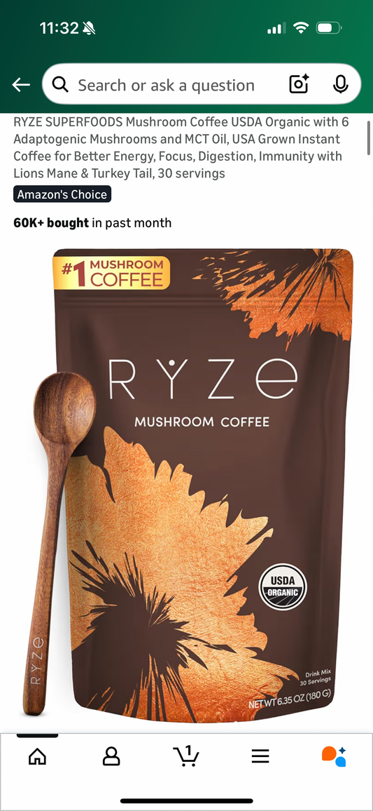 RYZE SUPERFOODS Mushroom Coffee USDA Organic with 6 Adaptogenic Mushrooms and MCT Oil, USA Grown Instant Coffee for Better Energy, Focus, Digestion, Immunity with Lions Mane & Turkey Tail, 30 servings
