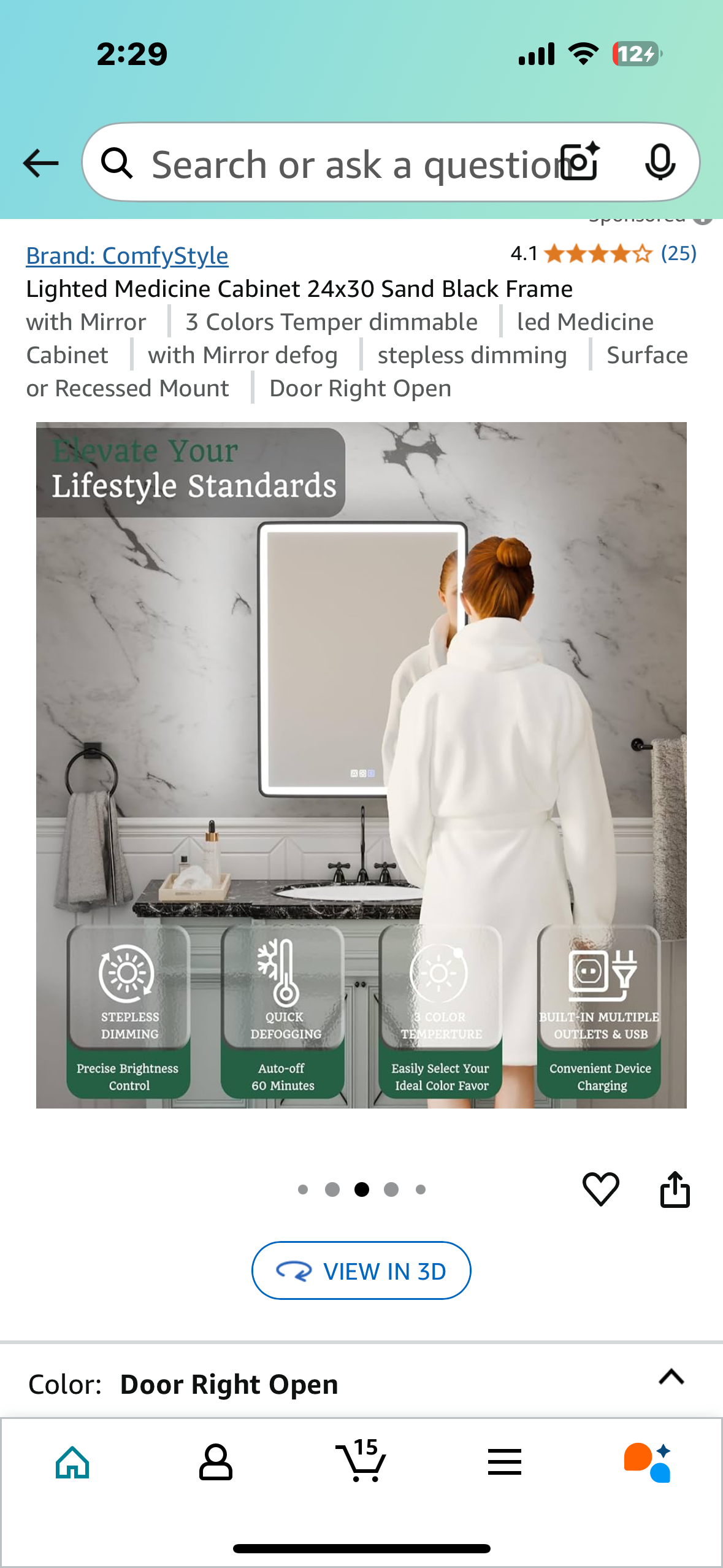 New - Lighted Medicine Cabinet 24”x30”, Sand Black Frame, 3 Color Dimmable LED (B913)