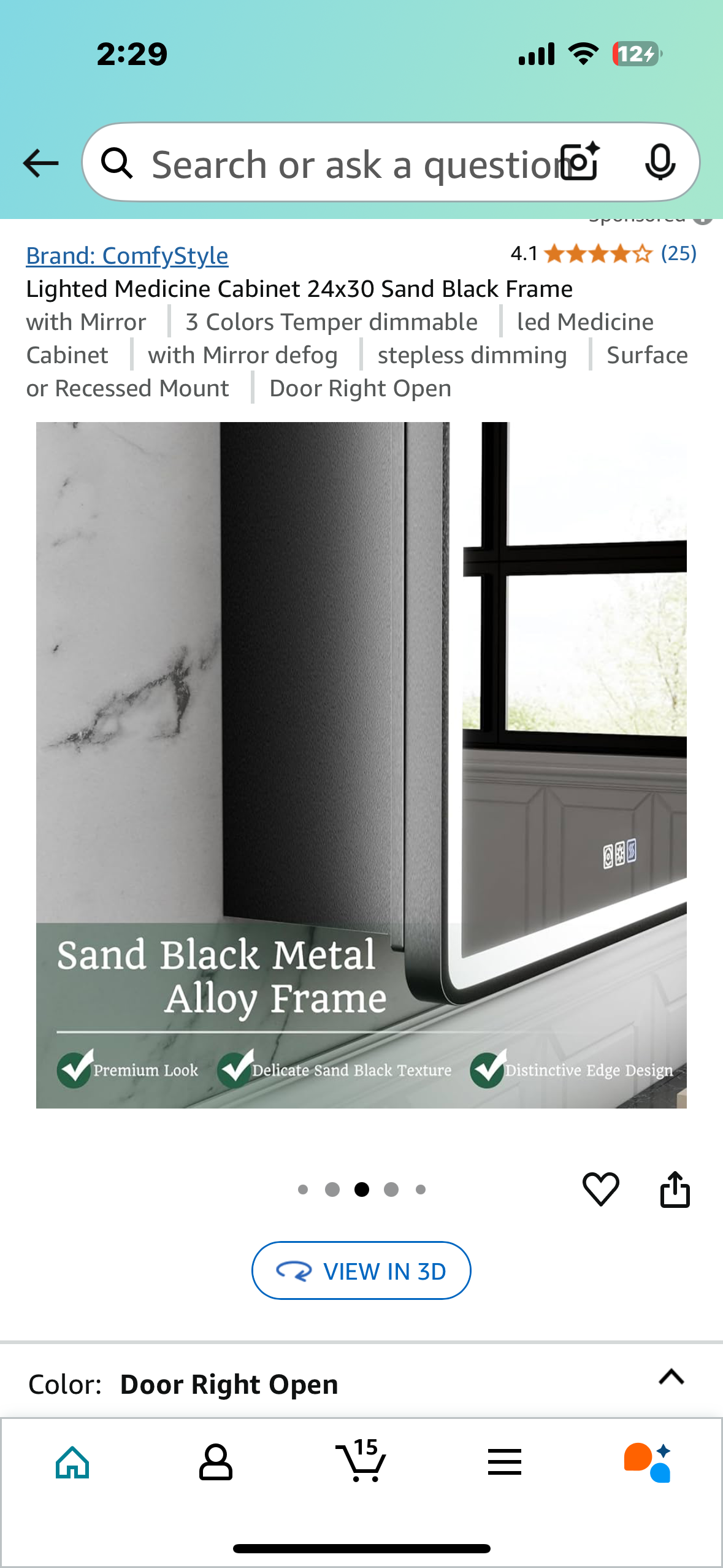 New - Lighted Medicine Cabinet 24”x30”, Sand Black Frame, 3 Color Dimmable LED (B913)
