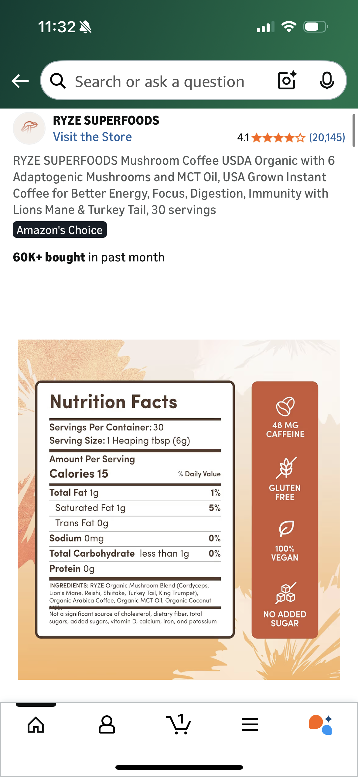 RYZE SUPERFOODS Mushroom Coffee USDA Organic with 6 Adaptogenic Mushrooms and MCT Oil, USA Grown Instant Coffee for Better Energy, Focus, Digestion, Immunity with Lions Mane & Turkey Tail, 30 servings