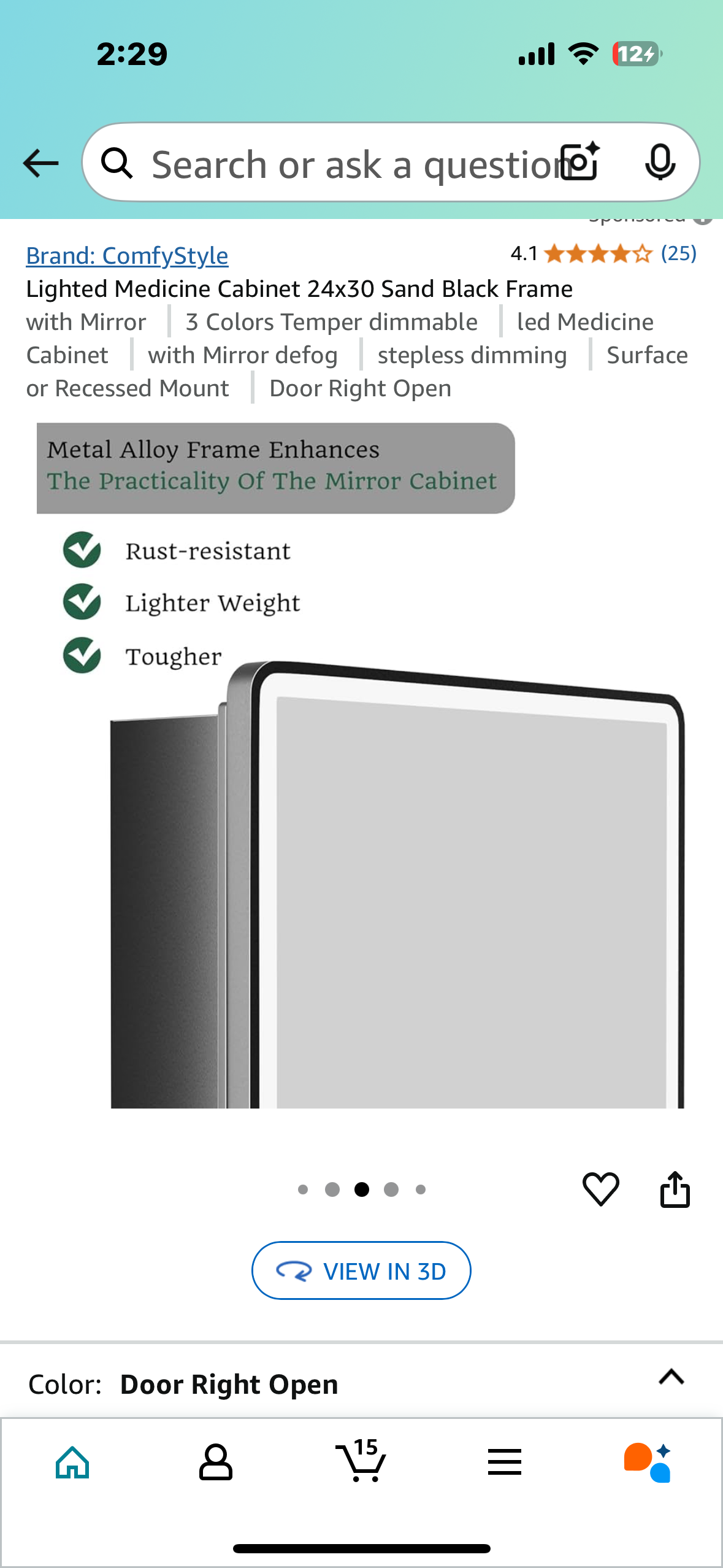 New - Lighted Medicine Cabinet 24”x30”, Sand Black Frame, 3 Color Dimmable LED (B913)