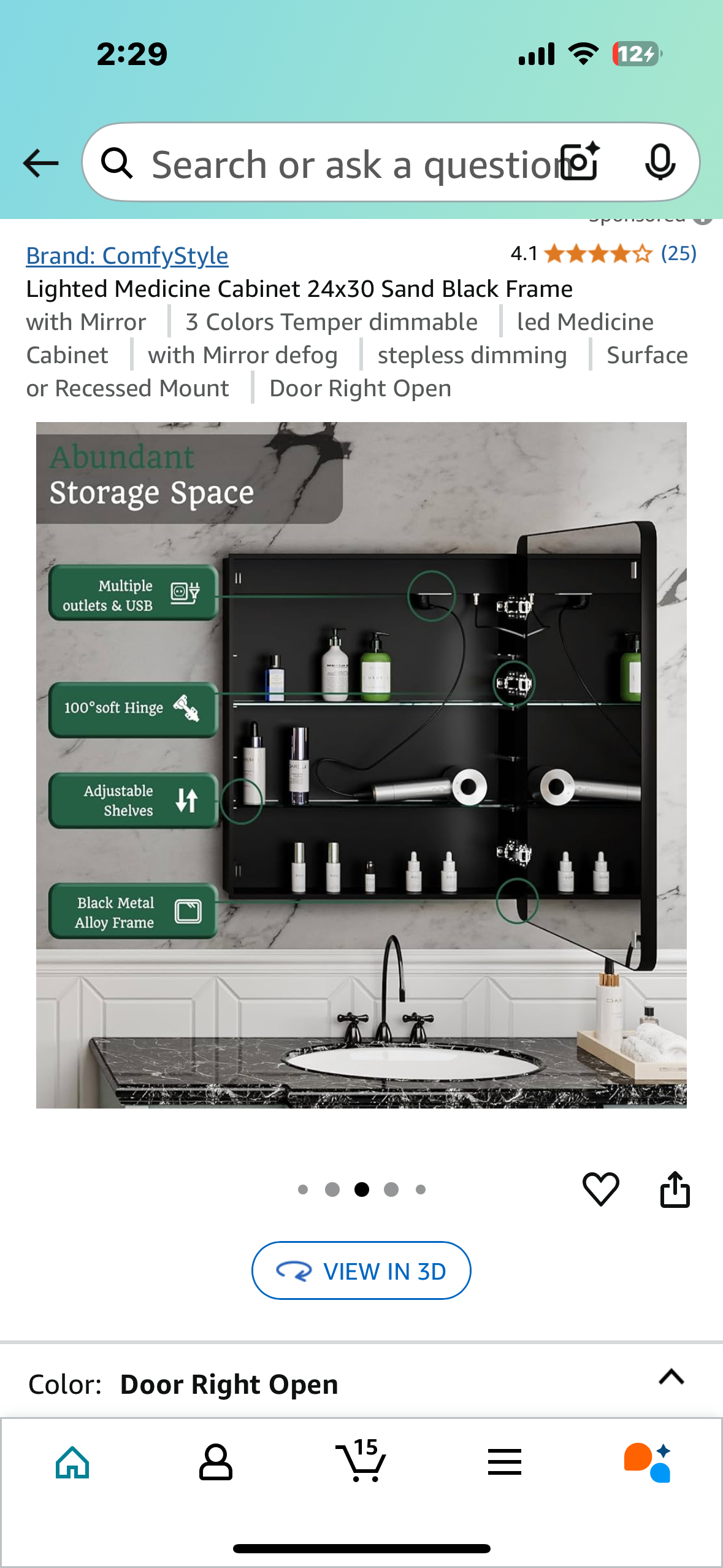 New - Lighted Medicine Cabinet 24”x30”, Sand Black Frame, 3 Color Dimmable LED (B913)