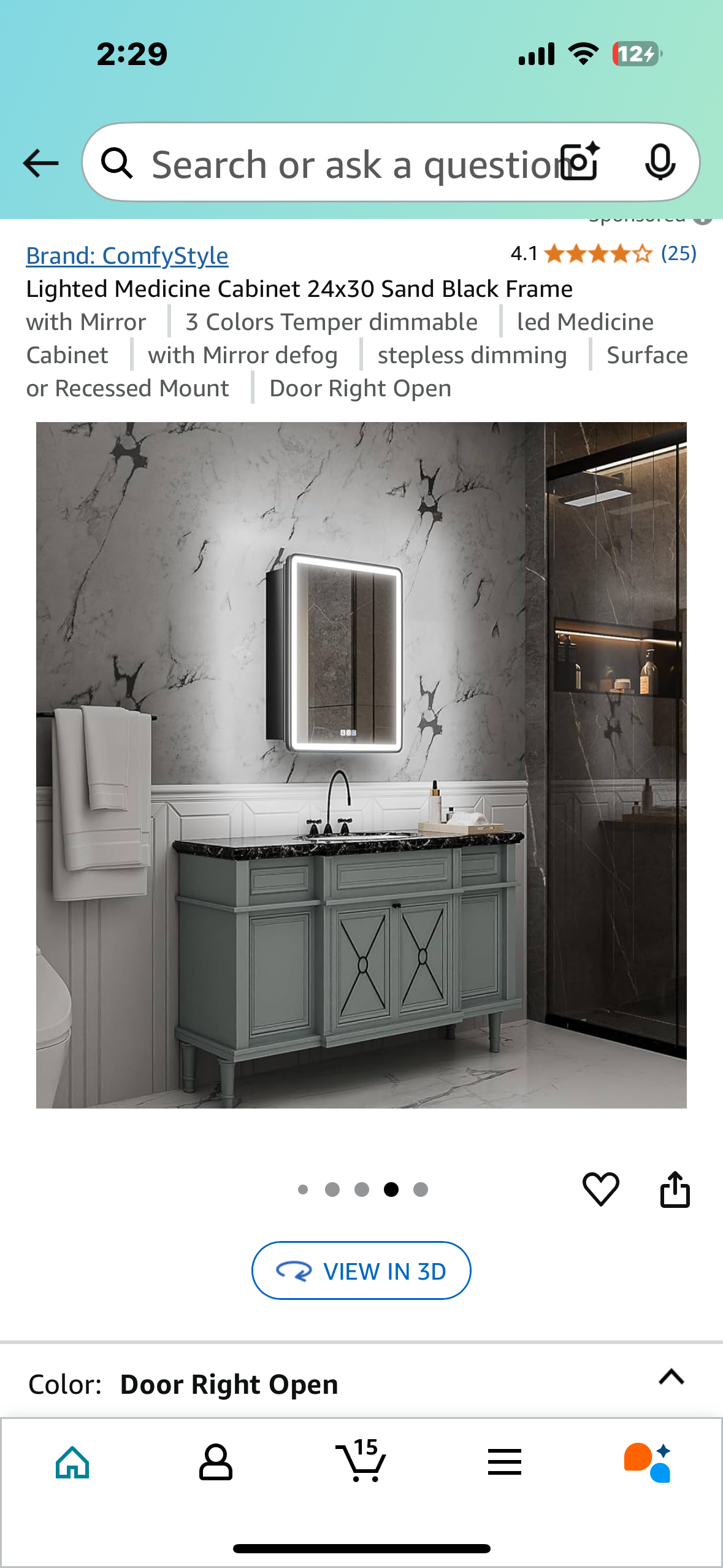 New - Lighted Medicine Cabinet 24”x30”, Sand Black Frame, 3 Color Dimmable LED (B913)