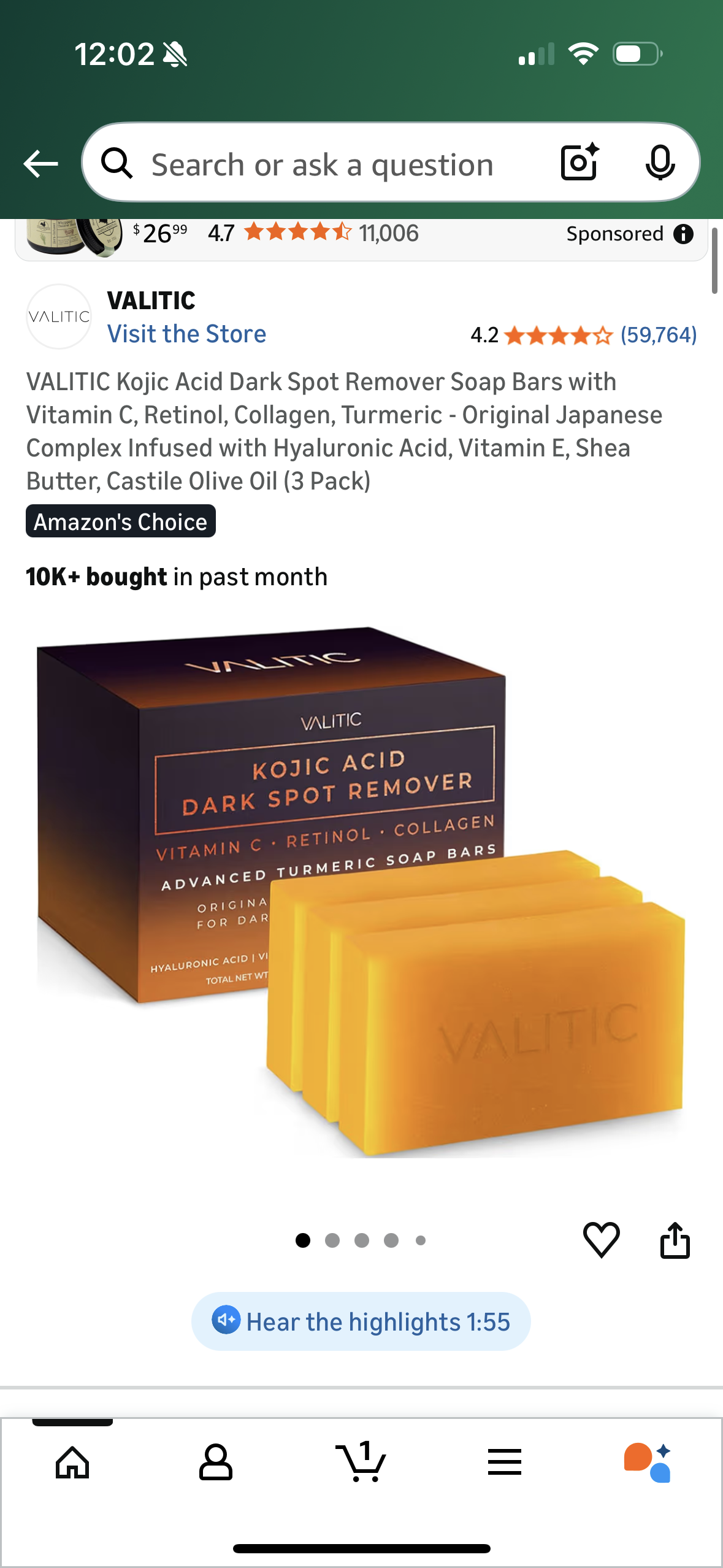 VALITIC Kojic Acid Dark Spot Remover Soap Bars with Vitamin C, Retinol, Collagen, Turmeric - Original Japanese Complex Infused with Hyaluronic Acid, Vitamin E, Shea Butter, Castile Olive Oil