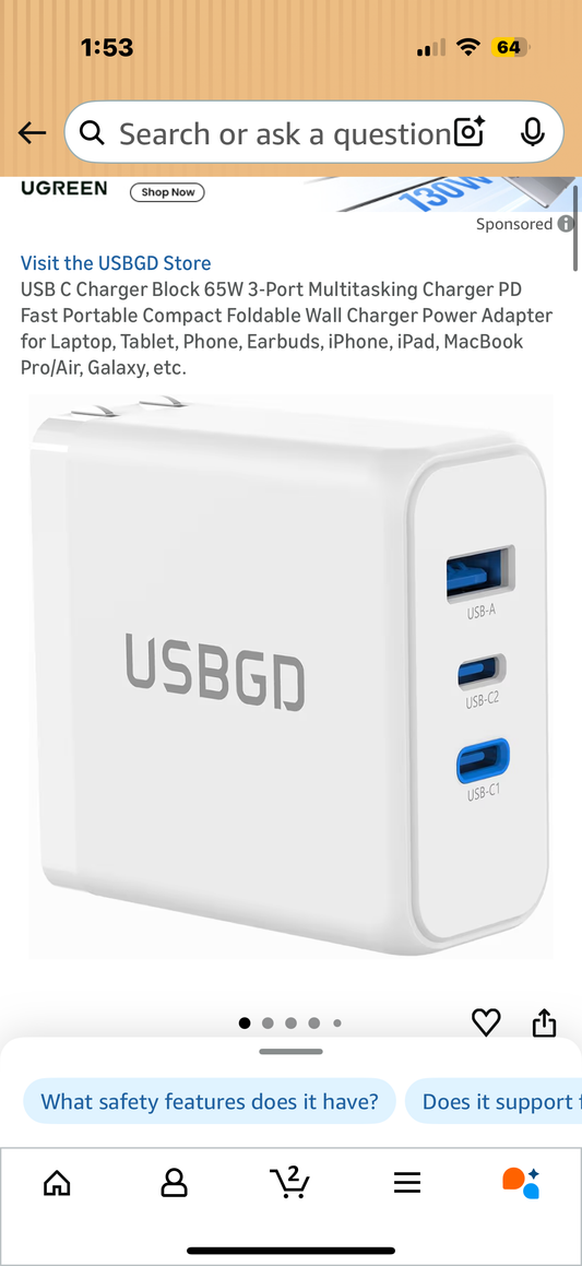 USB C Charger Block 65W 3-Port Multitasking Charger PD Fast Portable Compact Foldable Wall Charger Power Adapter for Laptop, Tablet, Phone, Earbuds, iPhone, iPad, MacBook Pro/Air, Galaxy, etc