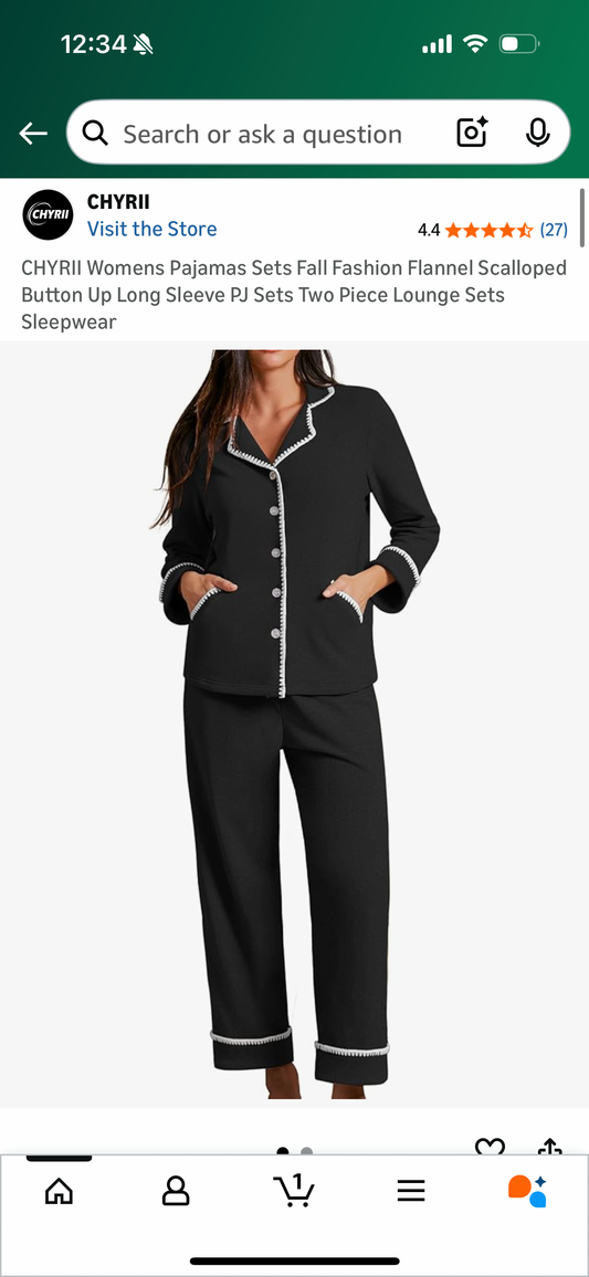 Womens Pajamas Sets Flannel Scalloped Button Up Long Sleeve PJ Sets Two Piece Lounge Sets (Size Large)