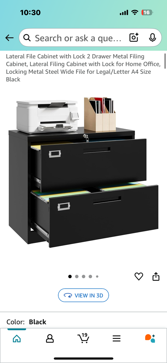 Lateral File Cabinet with Lock,2 Drawer Metal Filing Cabinet for Home, Office, Wide File for Legal/Letter A4 Size Black (O427)