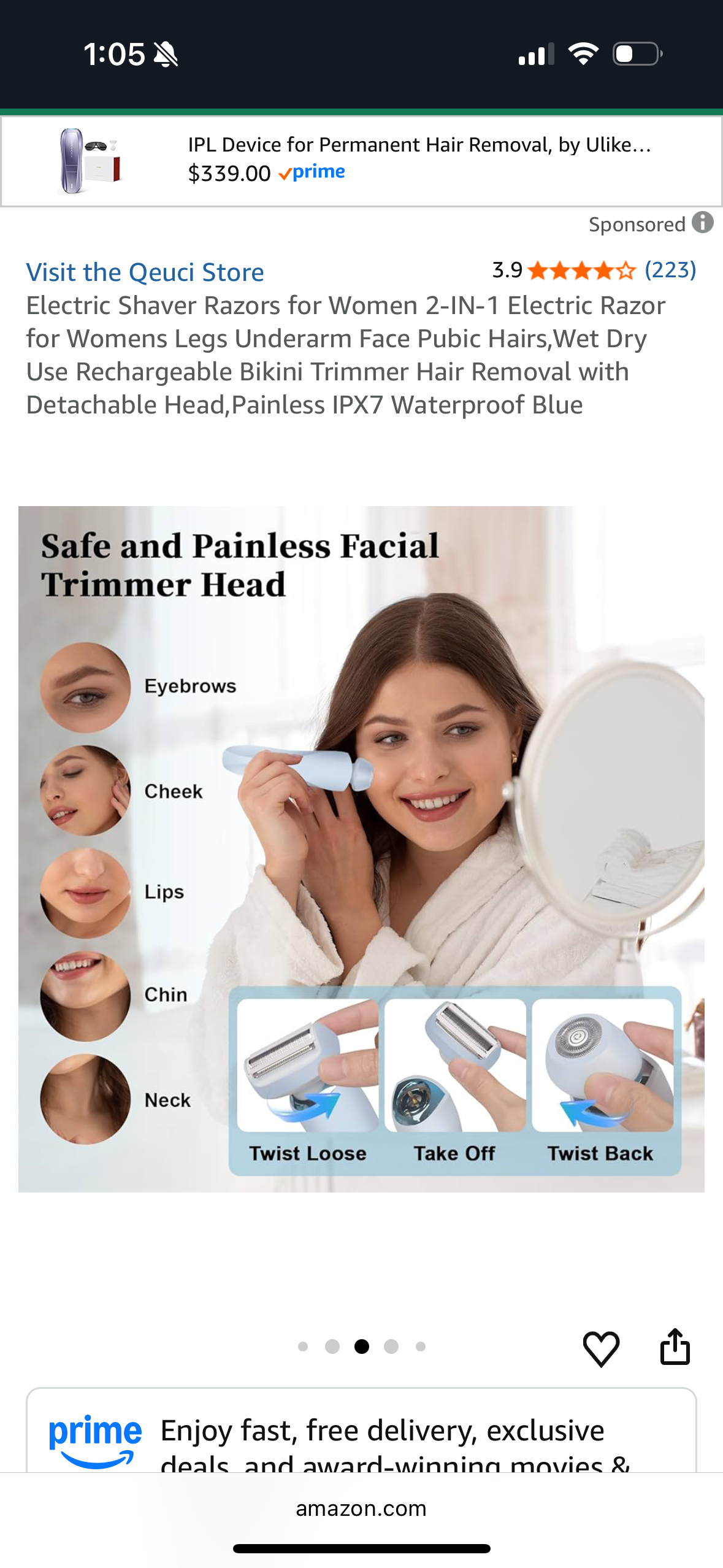 Electric Shaver Razors for Women 2-IN-1 Electric Razor for Womens Legs Underarm Face Pubic Hairs,Wet Dry Use Rechargeable Bikini Trimmer Hair Removal with Detachable Head,Painless IPX7 Waterproof Blue