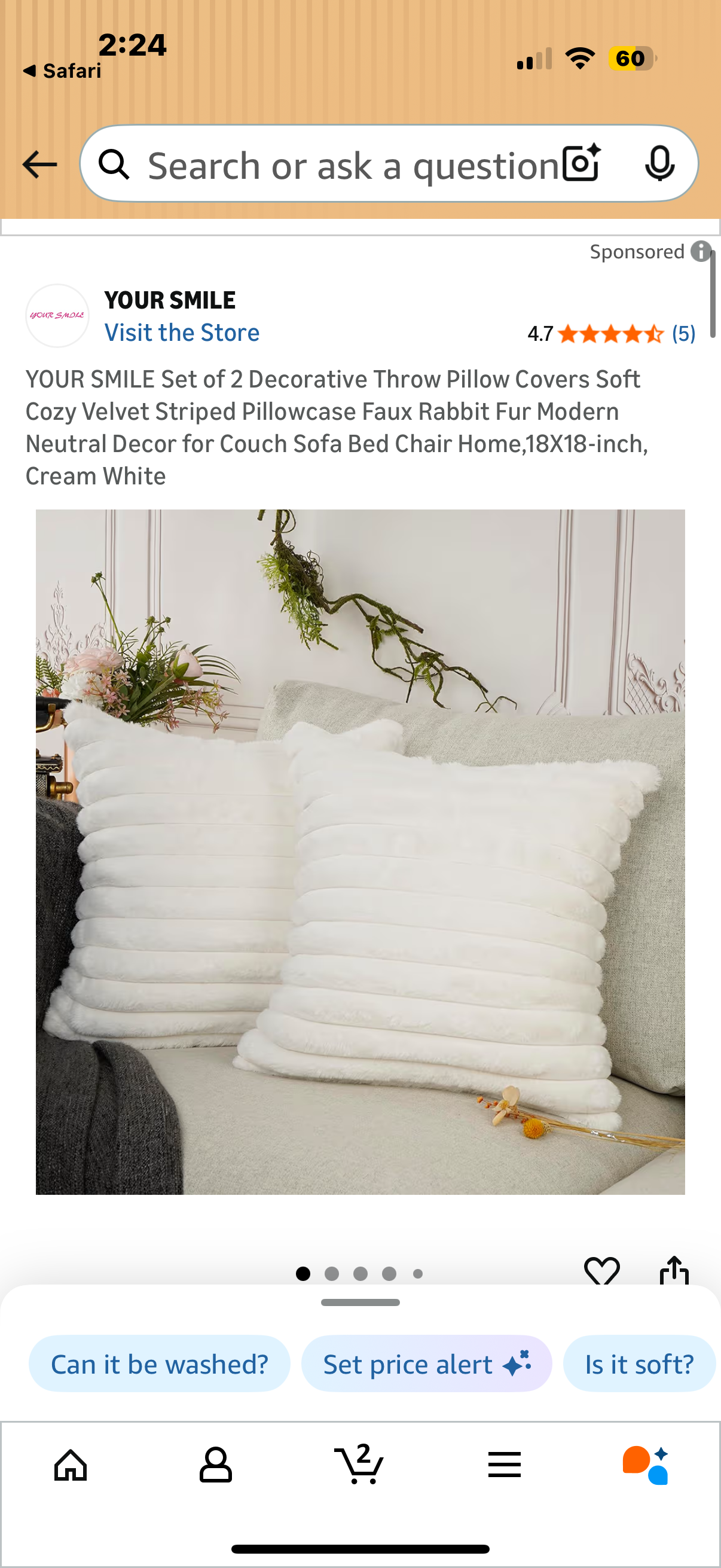 Set of 2 Decorative Throw Pillow Covers Soft Cozy Velvet Striped Pillowcase Faux Rabbit Fur Modern Neutral Decor for Couch Sofa Bed Chair Home,18X18-inch, Cream White