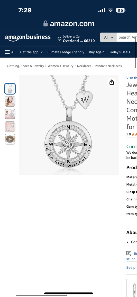 Compass Necklace “I’d be lost without you” Letter V