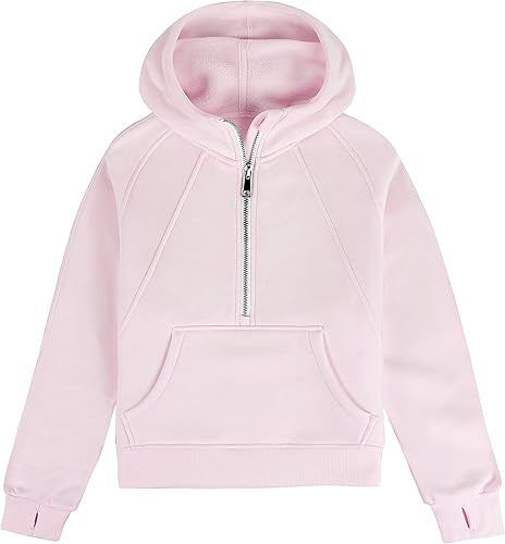 Girls Sweatshirt Half Zip Up Fleece Hoodies for Kids Pullover with Thumb Hole, Light Pink (Size 11-12 Years)