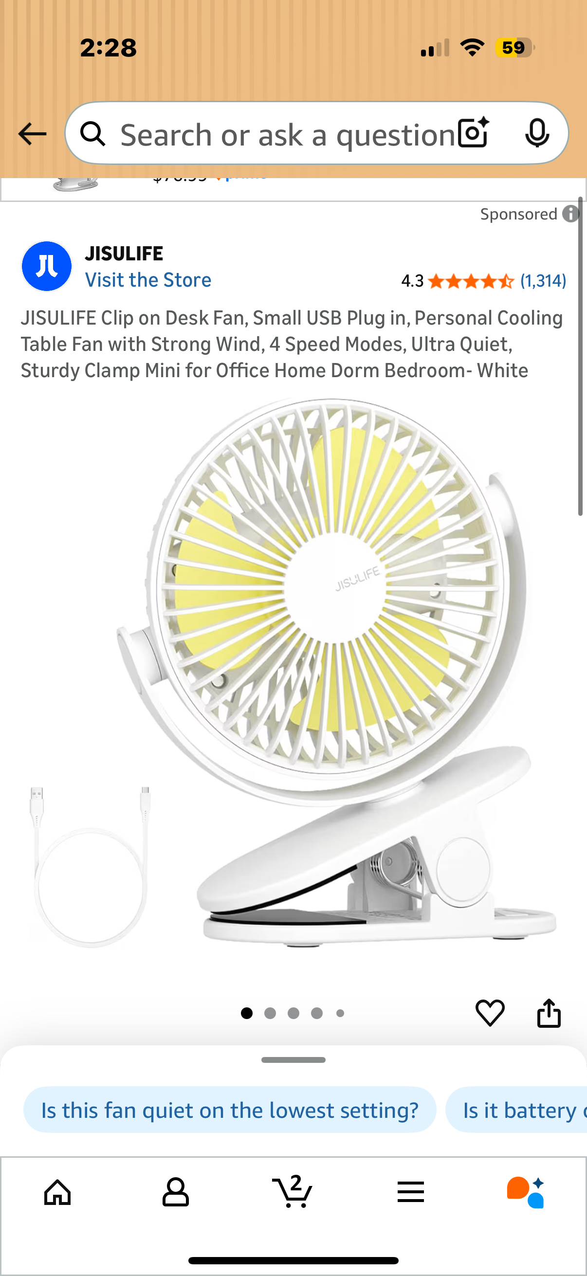 JISULIFE Clip on Desk Fan, Small USB Plug in, Personal Cooling Table Fan with Strong Wind, 4 Speed Modes, Ultra Quiet, Sturdy Clamp Mini for Office Home Dorm Bedroom- White