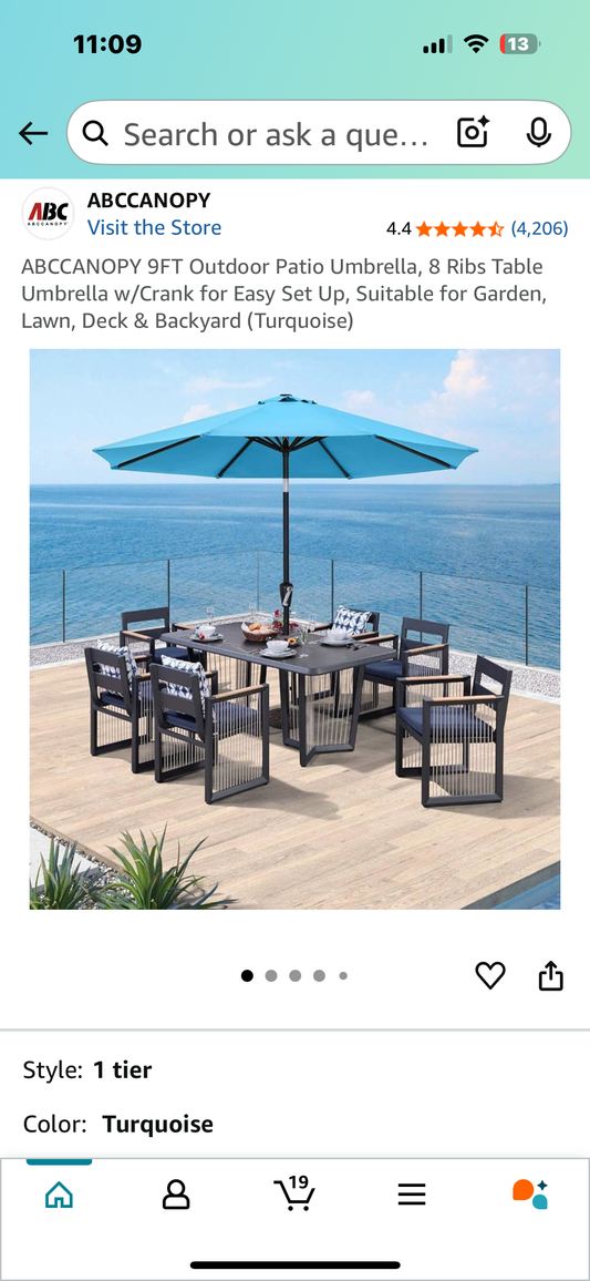 ABCCANOPY 9FT Outdoor Patio Umbrella, 8 Ribs Table Umbrella w/Crank for Easy Set Up, Suitable for Garden, Lawn, Deck & Backyard (Turquoise) (G819)