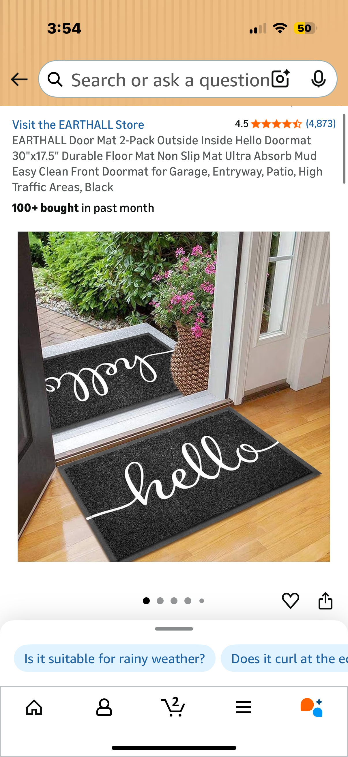 EARTHALL Door Mat 2-Pack Outside Inside Hello Doormat 30"x17.5" Durable Floor Mat Non Slip Mat Ultra Absorb Mud Easy Clean Front Doormat for Garage, Entryway, Patio, High Traffic Areas, Black