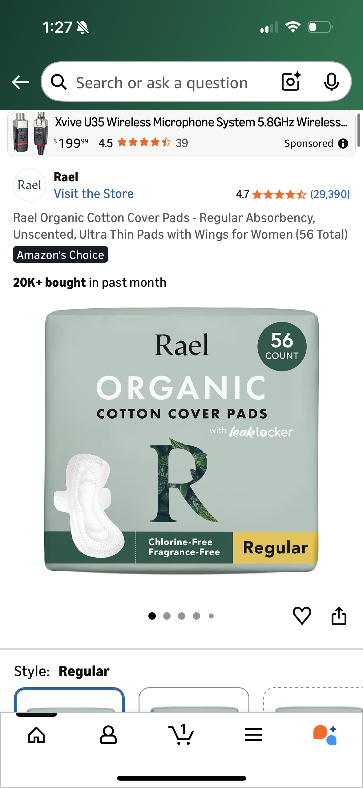 Rael Organic Cotton Cover Pads - Regular Absorbency, Unscented, Ultra Thin Pads with Wings for Women (56 Total)