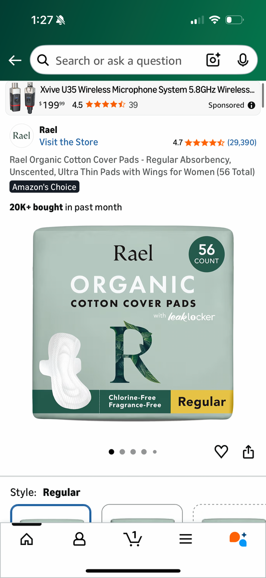 Rael Organic Cotton Cover Pads - Regular Absorbency, Unscented, Ultra Thin Pads with Wings for Women (56 Total)