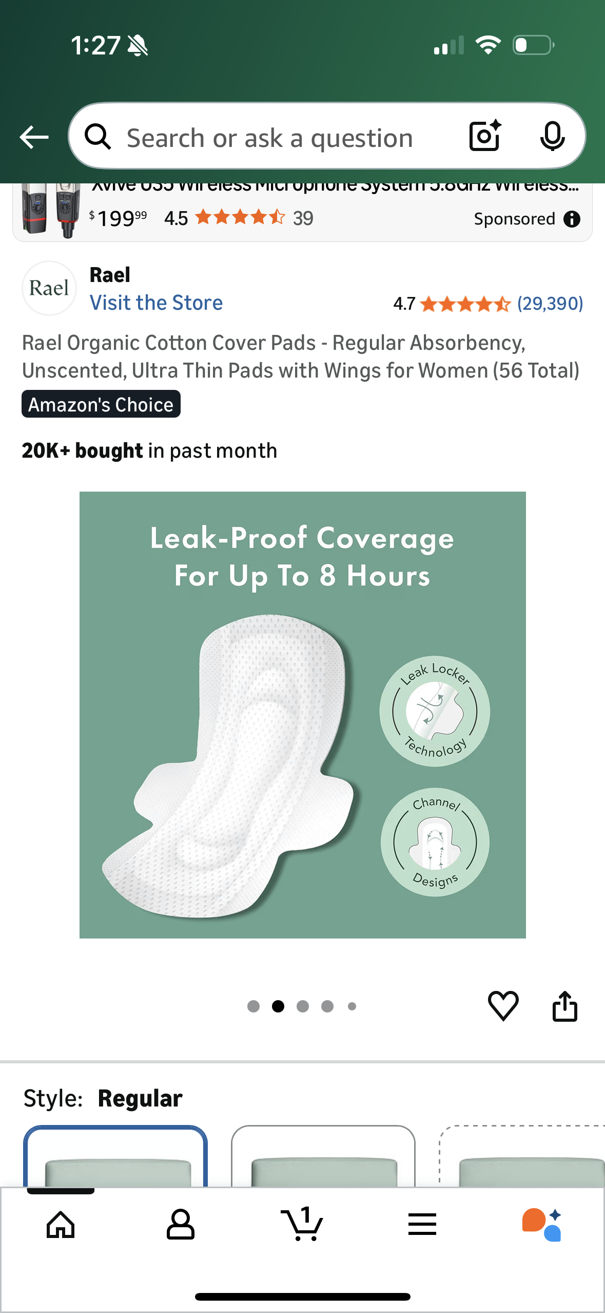 Rael Organic Cotton Cover Pads - Regular Absorbency, Unscented, Ultra Thin Pads with Wings for Women (56 Total)