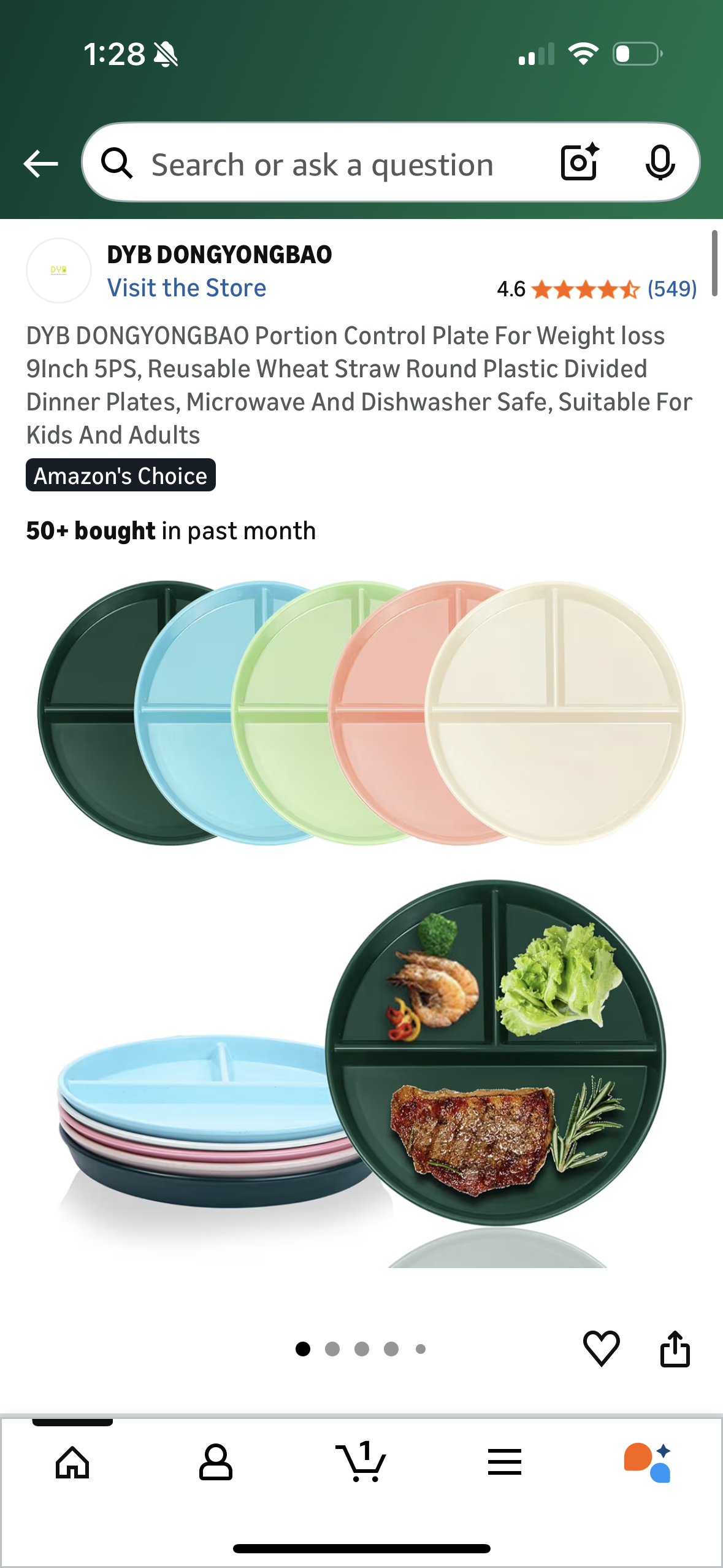 Portion Control Plate For Weight loss 9Inch 5PS, Reusable Wheat Straw Round Plastic Divided Dinner Plates, Microwave And Dishwasher Safe, Suitable For Kids And Adults