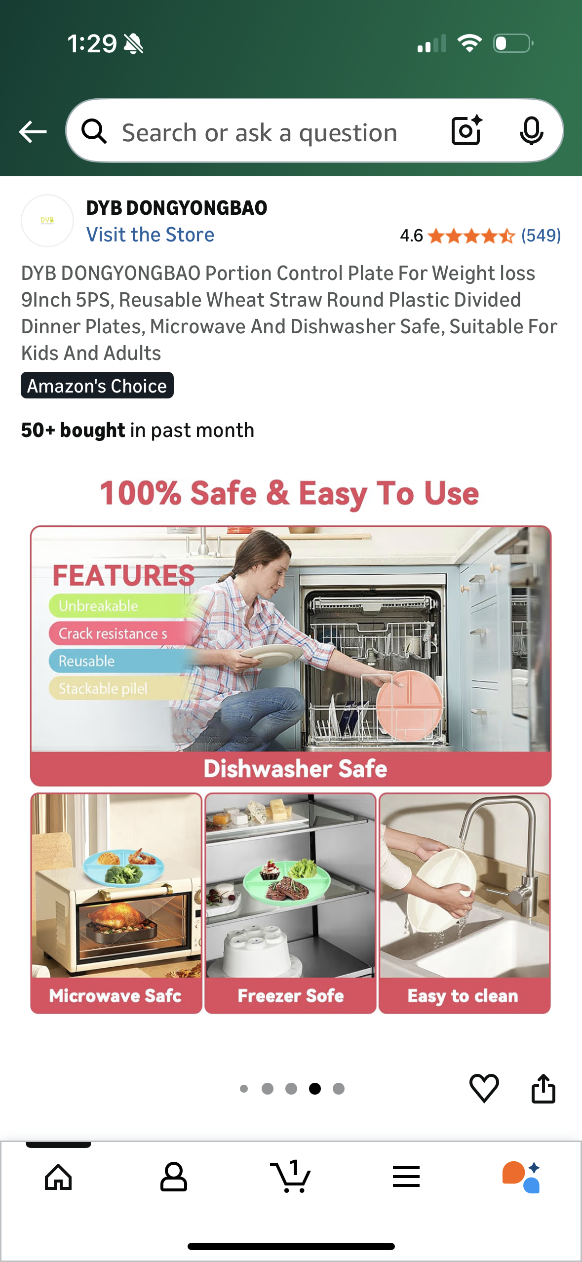 Portion Control Plate For Weight loss 9Inch 5PS, Reusable Wheat Straw Round Plastic Divided Dinner Plates, Microwave And Dishwasher Safe, Suitable For Kids And Adults