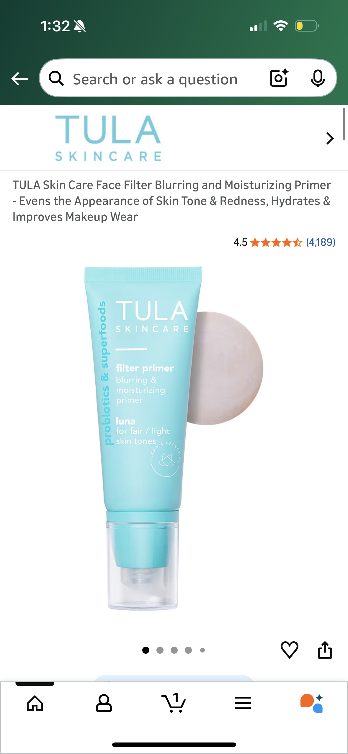 TULA Skin Care Face Filter Blurring and Moisturizing Primer - Evens the Appearance of Skin Tone & Redness, Hydrates & Improves Makeup Wear