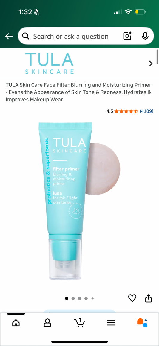 TULA Skin Care Face Filter Blurring and Moisturizing Primer - Evens the Appearance of Skin Tone & Redness, Hydrates & Improves Makeup Wear