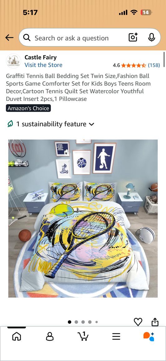 Graffiti Tennis Ball Bedding Set, Twin Size,Comforter Set for Kids, Teens, Room Decor, Cartoon Tennis Quilt Set Watercolor Youthful Duvet Insert 2pcs, 1 Pillowcase