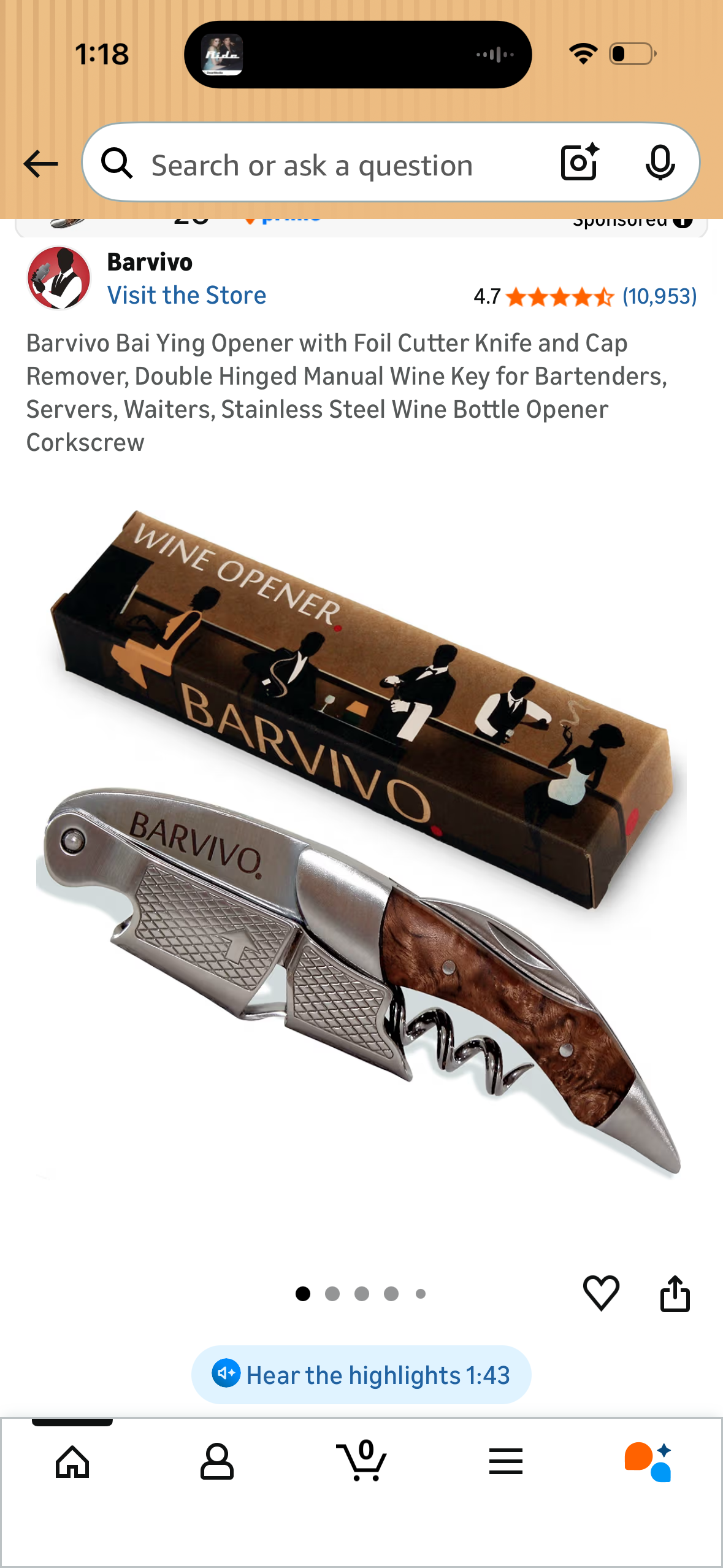 Barvivo Bai Ying Opener with Foil Cutter Knife and Cap Remover, Double Hinged Manual Wine Key for Bartenders, Servers, Waiters, Stainless Steel Wine Bottle Opener Corkscrew