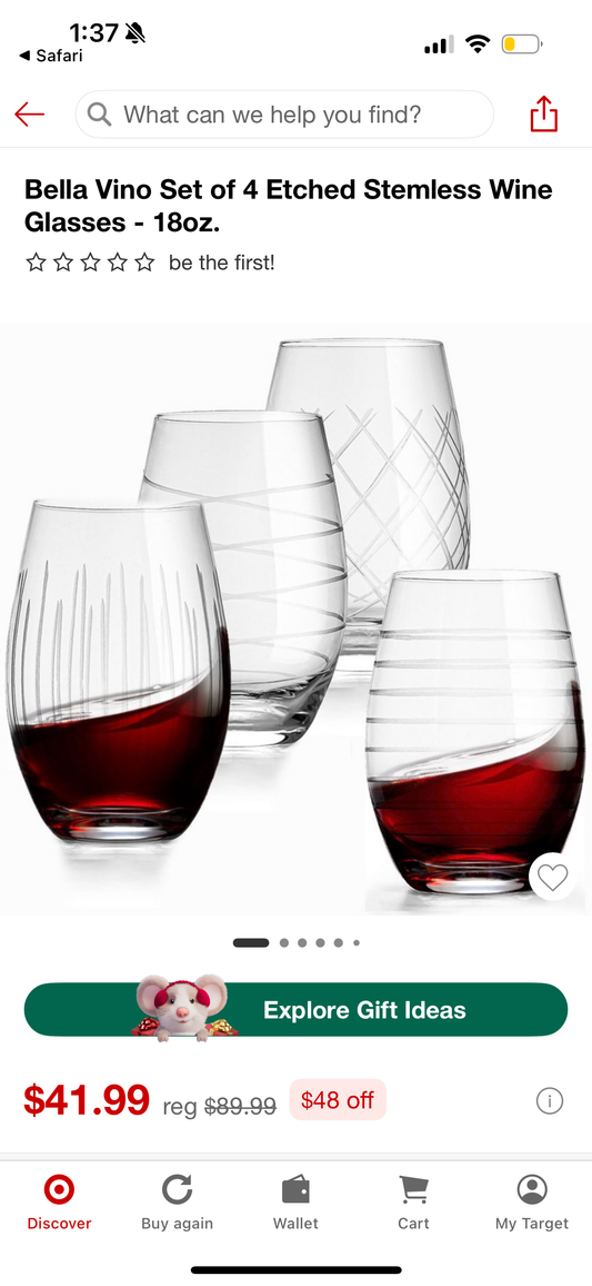 Bella Vino Set of 4 Etched Stemless Wine Glasses - 180z.