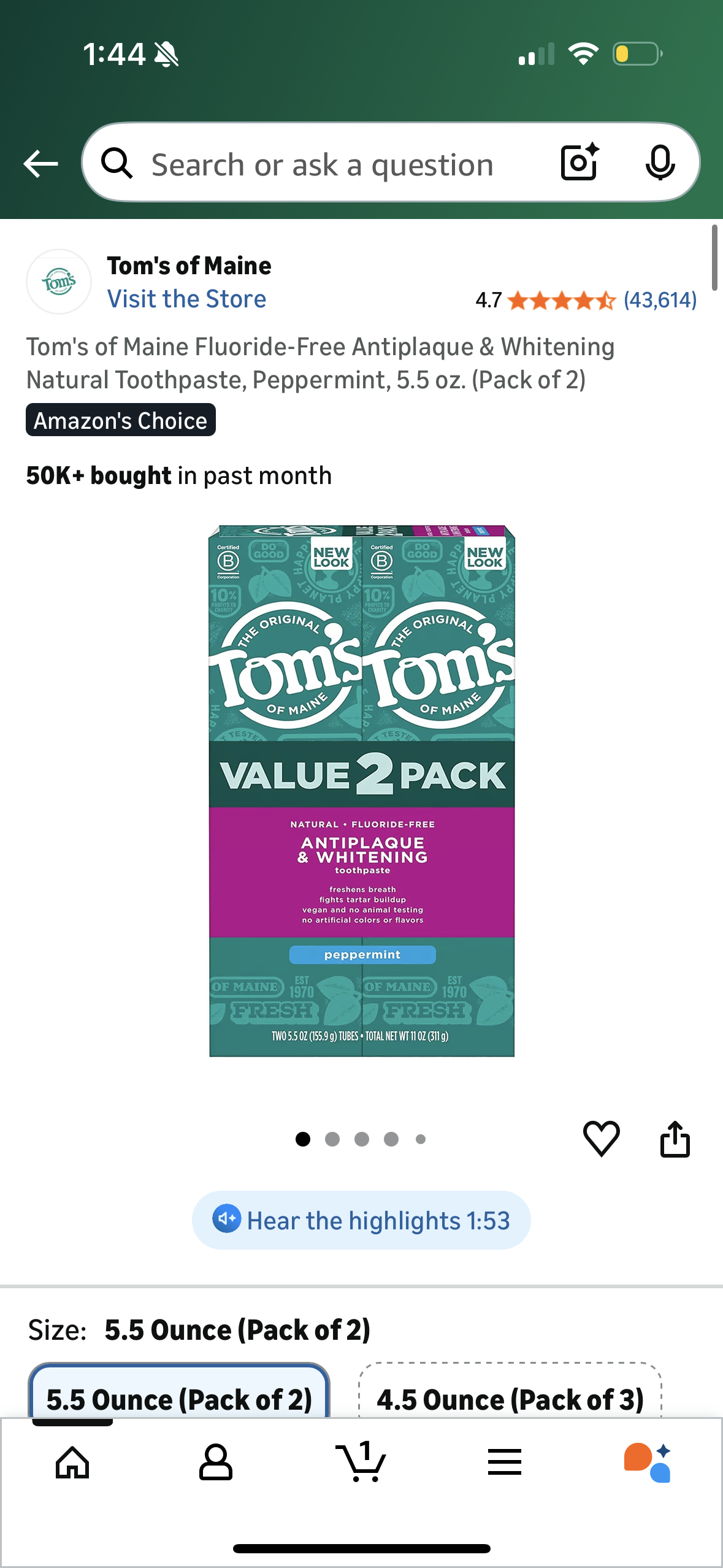 Tom's of Maine Fluoride-Free Antiplaque & Whitening Natural Toothpaste, Peppermint, 5.5 oz. (Pack of 2)