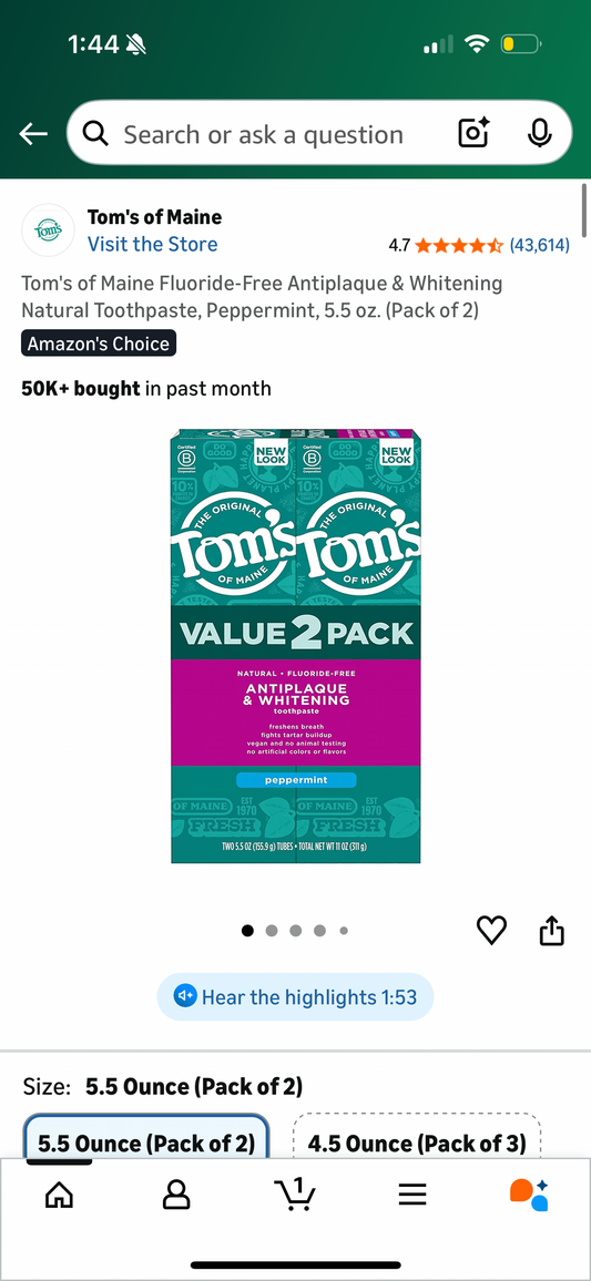 Tom's of Maine Fluoride-Free Antiplaque & Whitening Natural Toothpaste, Peppermint, 5.5 oz. (Pack of 2)