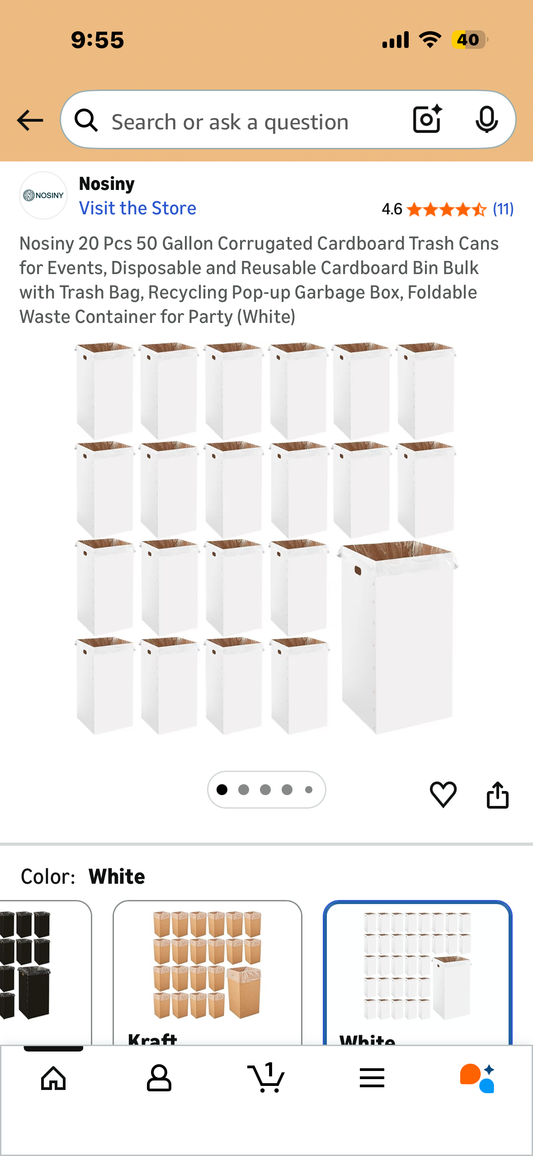 50 Gallon Corrugated Cardboard Trash Cans, 20 Pieces, for Events, Disposable and Reusable Cardboard Bin, Recycling, Pop-up Garbage Box, Foldable Waste Container for Parties (White) (O474)
